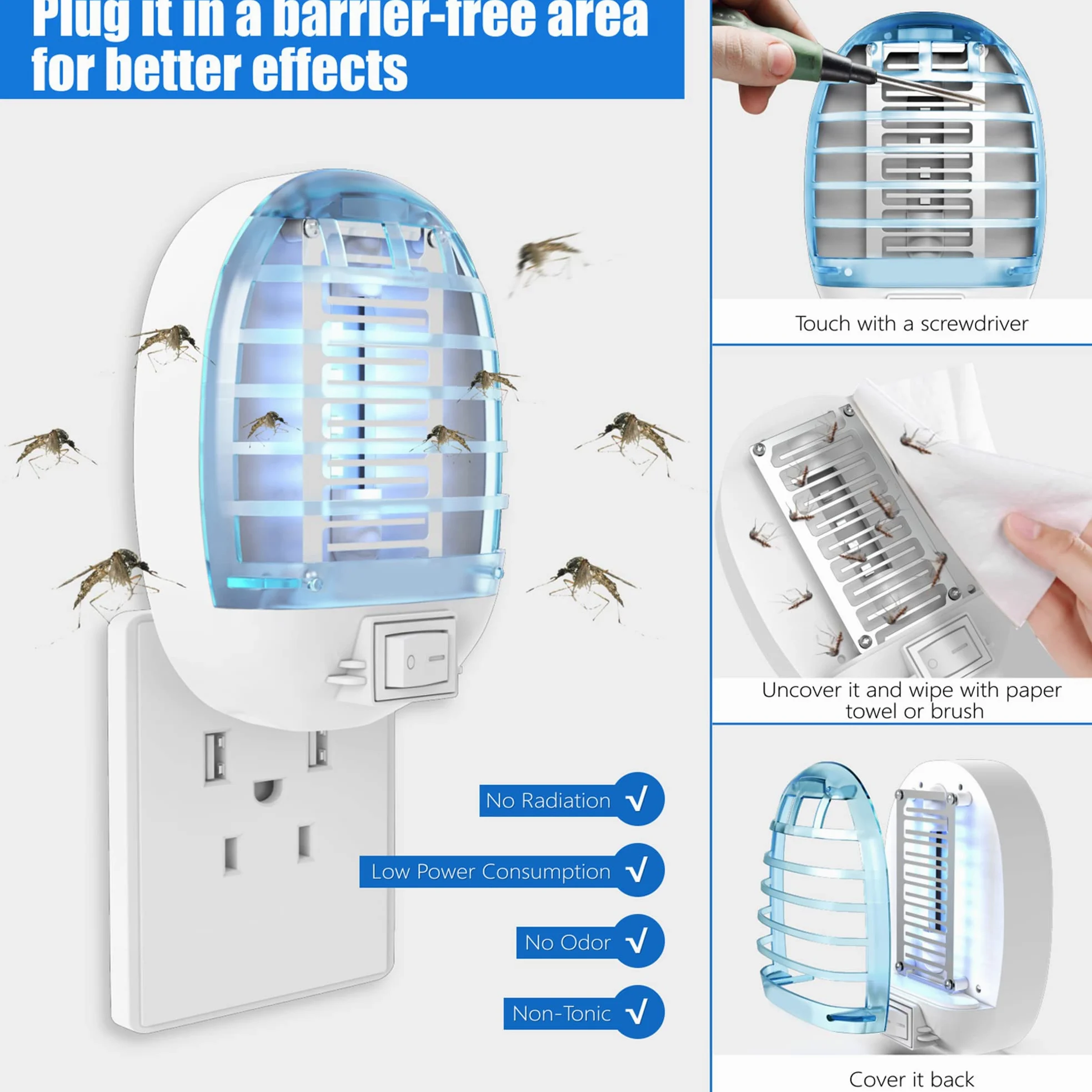 Exterminador de insectos para interiores, trampa electrónica para moscas, mata mosquitos con luces azules para sala de estar, hogar, cocina, dormitorio, habitación de bebé, oficina (6 paquetes)