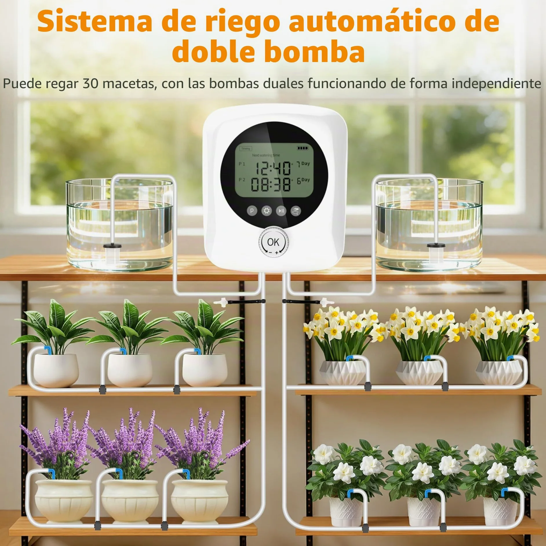 Riego por Goteo Automático Doble Bomba, Kit Riego por Goteo Recargable USB-C con Batería 4400mAh, Temporizador Ajustable Caudal 800ml/min, 20m Tubo+30 Goteros para Jardín Balcón
