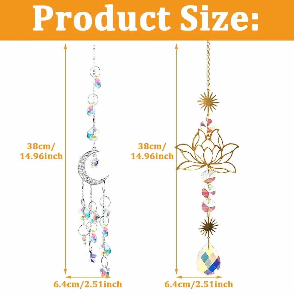 Campanilla de Viento de Cristal con Flor de Loto, 2 PCS Flor de Loto y Luna con Prisma de Cristal, Adorno de Ventana de Prisma de Vidrio Colores para Ventana, Dormitorio, Jardín, Oficina