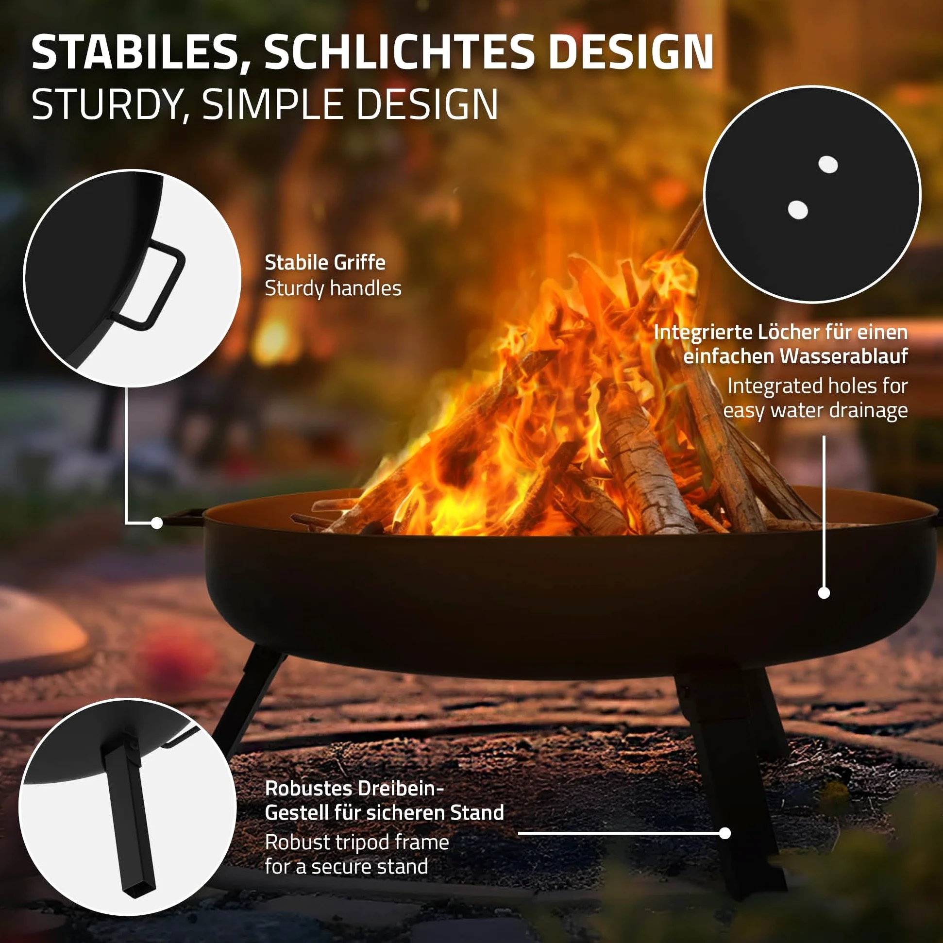 ECD Germany Cuenco de Fuego 60 x 27 cm Brasero Exterior Redondo de Acero con 3 Patas Plegables y Asas de Transporte, Fire Bowl Negro con 2 Agujeros de Drenaje Ideal para Barbacoas de Jardín o Camping