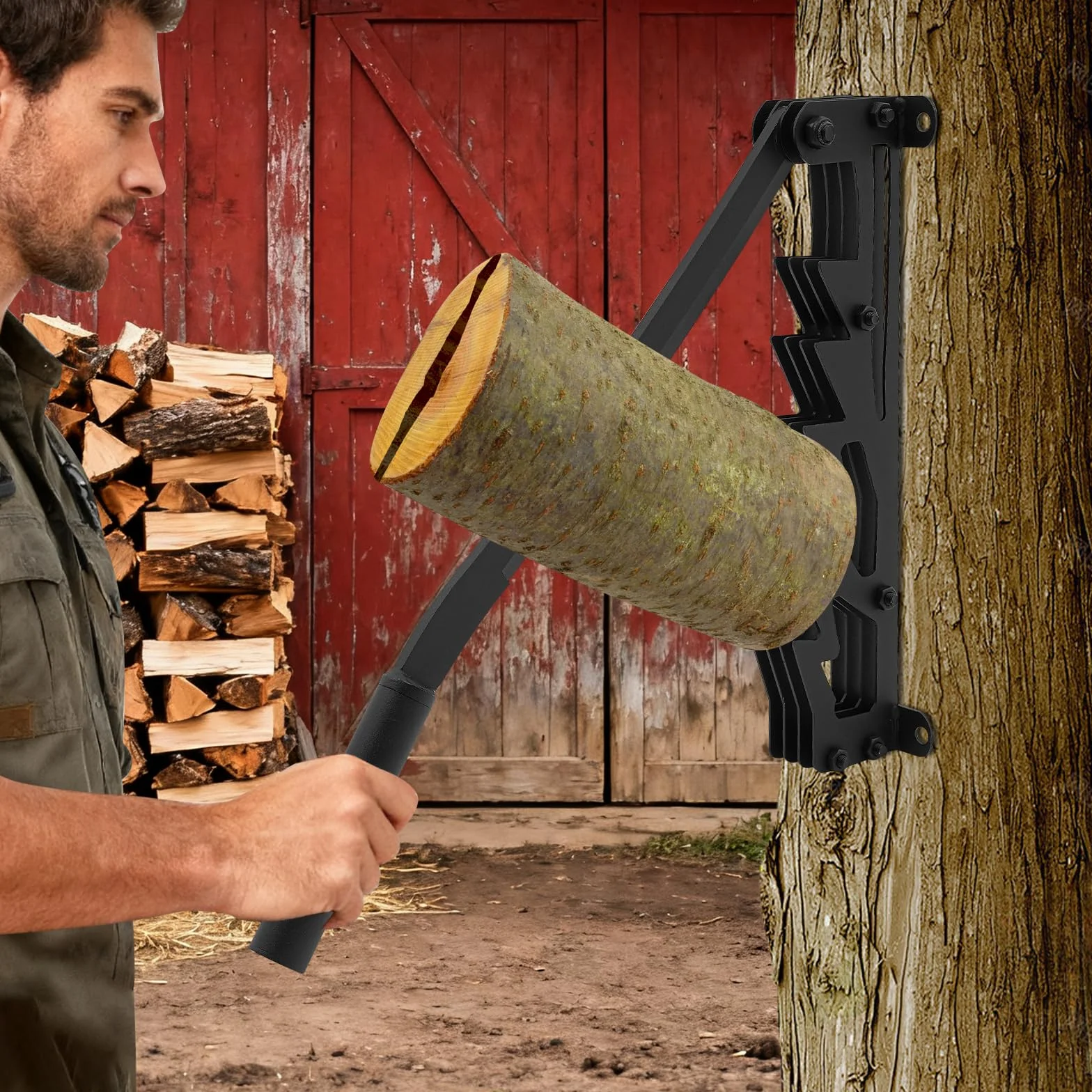 Astilladora manual de leña de hierro fundido, soporte de pared portátil para astillado de madera para interiores y exteriores, incluye 2 asas desmontables, porta leña, guantes y bolsa para leña
