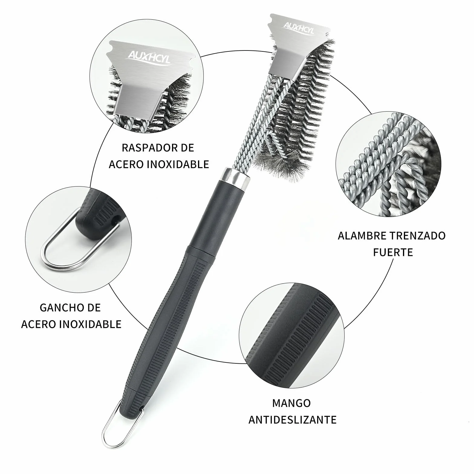 AUXHCYL Cepillo Barbacoa Inoxidable, 3-in-1 Cepillo para Parrilla con Raspador, 45.5cm Largo PP Aislamiento Térmico Mango Cepillo Barbacoa de Limpieza para Parrilla de Gas y Parrilla de Carbón
