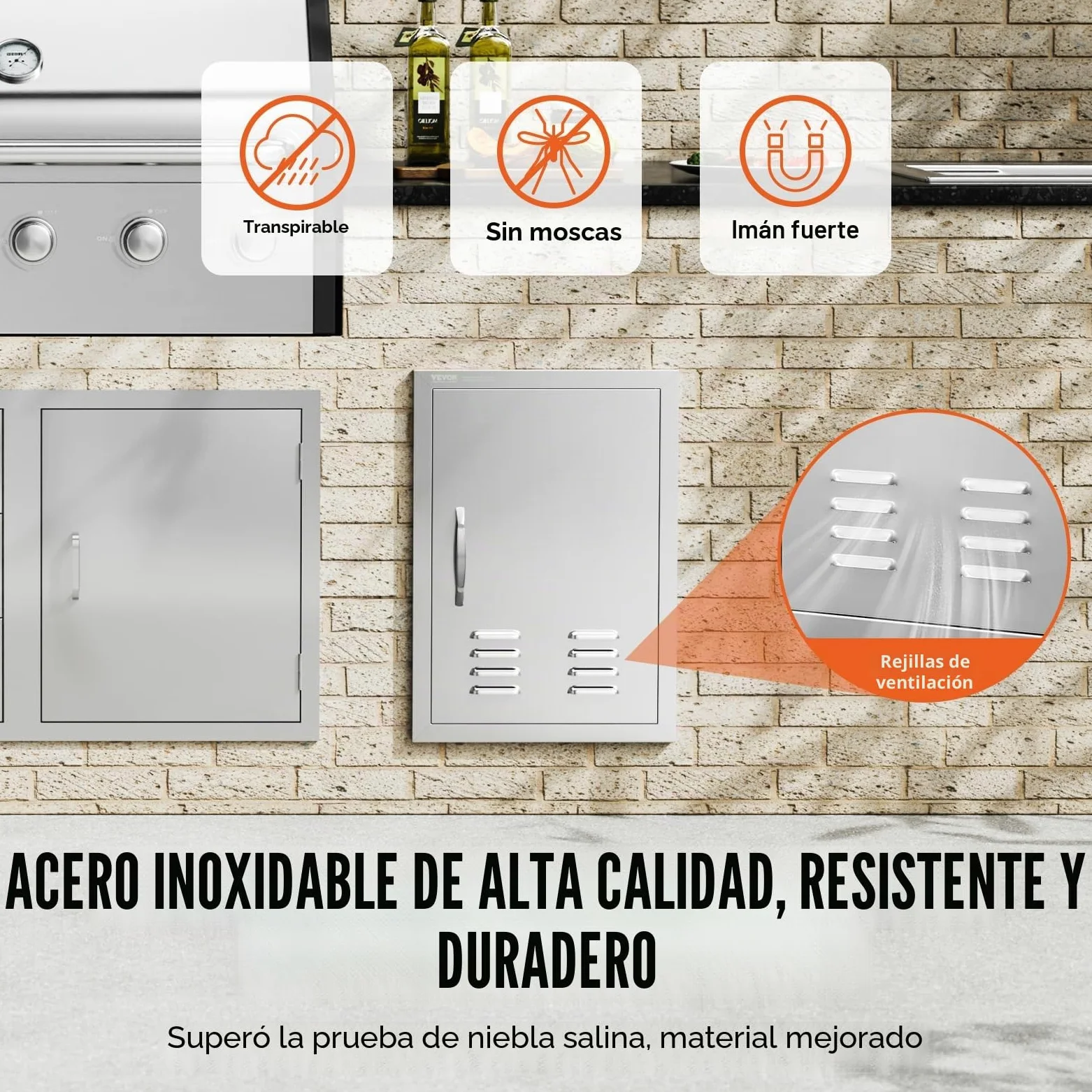 VEVOR - Puerta de acceso para barbacoa y cocina exterior, 610 x 431 x 45 mm, puerta empotrada en acero inoxidable, con asas, ventilaciones y ganchos, para isla de barbacoa, estación de