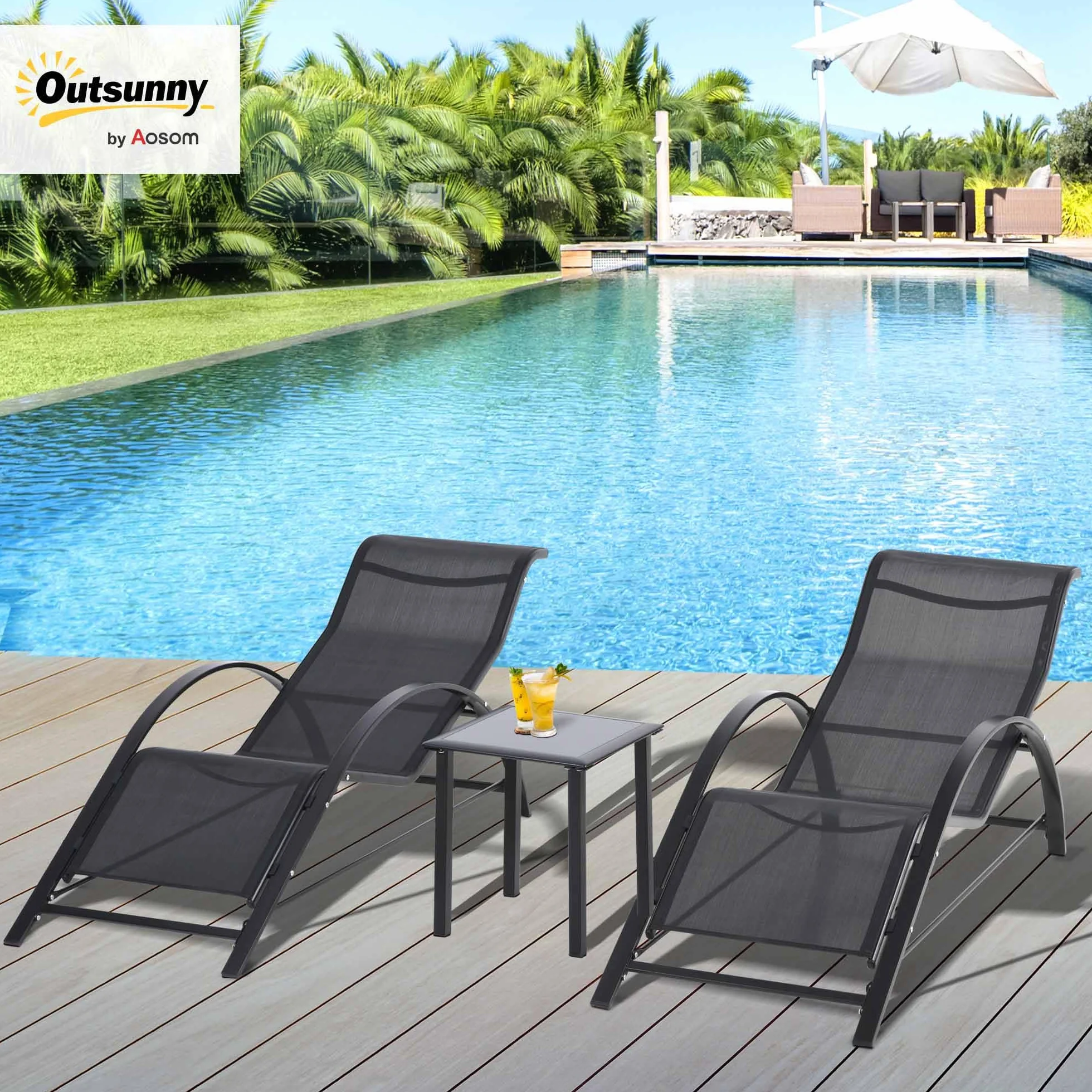 Outsunny Set de 2 Tumbonas Jardín Exterior con Mesa Auxiliar de Vidrio Templado Tumbonas con Respaldo Reposabrazos para Patio Piscina Terraza Exterior Negro