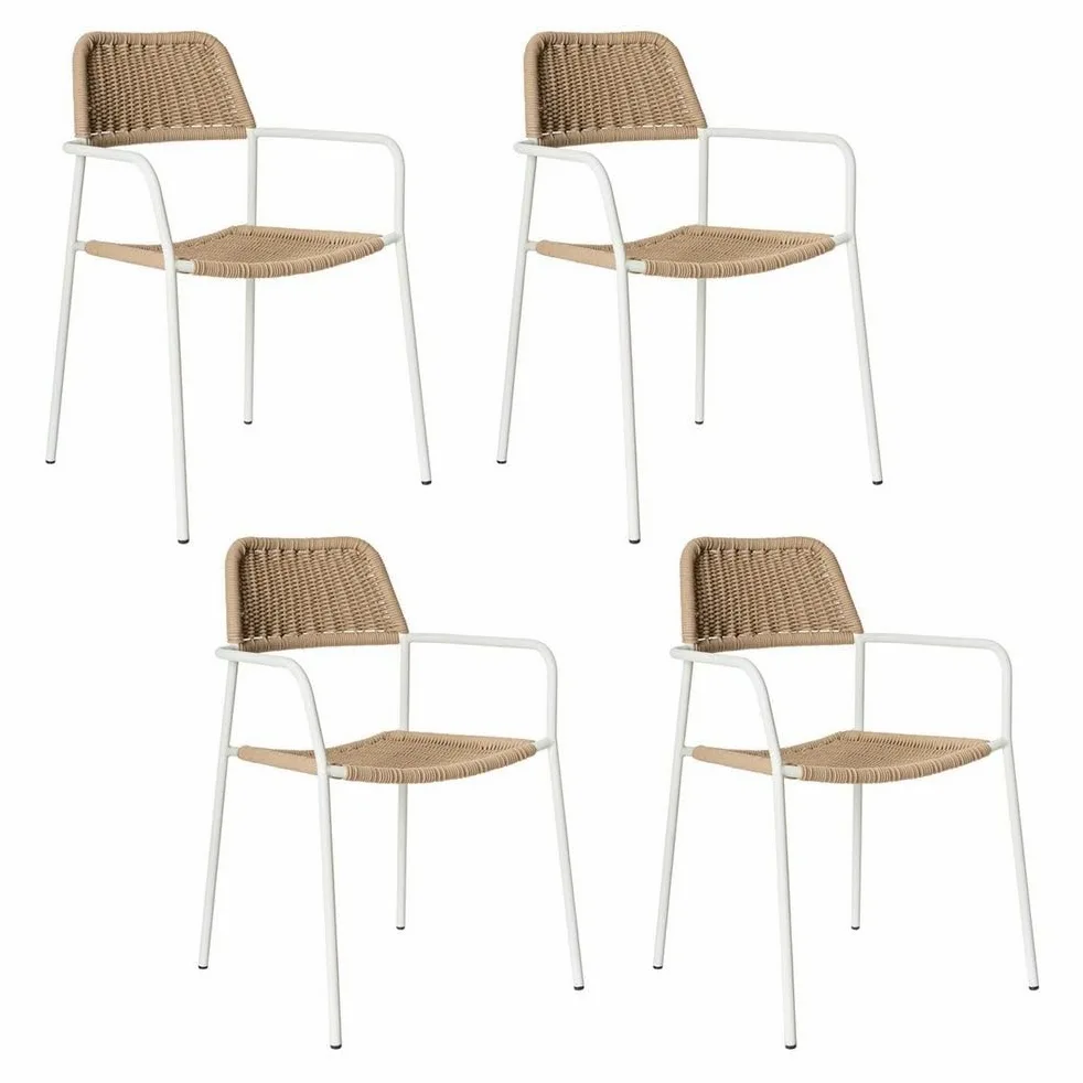 LOLAhome Pack de 4 Silla Deluxe Milos para jardín, Acero Blanco y Cuerda Trenzada Beige, 55x55x83 cm, Ergonómica y Apilable, Tratamiento Anticorrosión y Duraderas, Calidad y Diseño