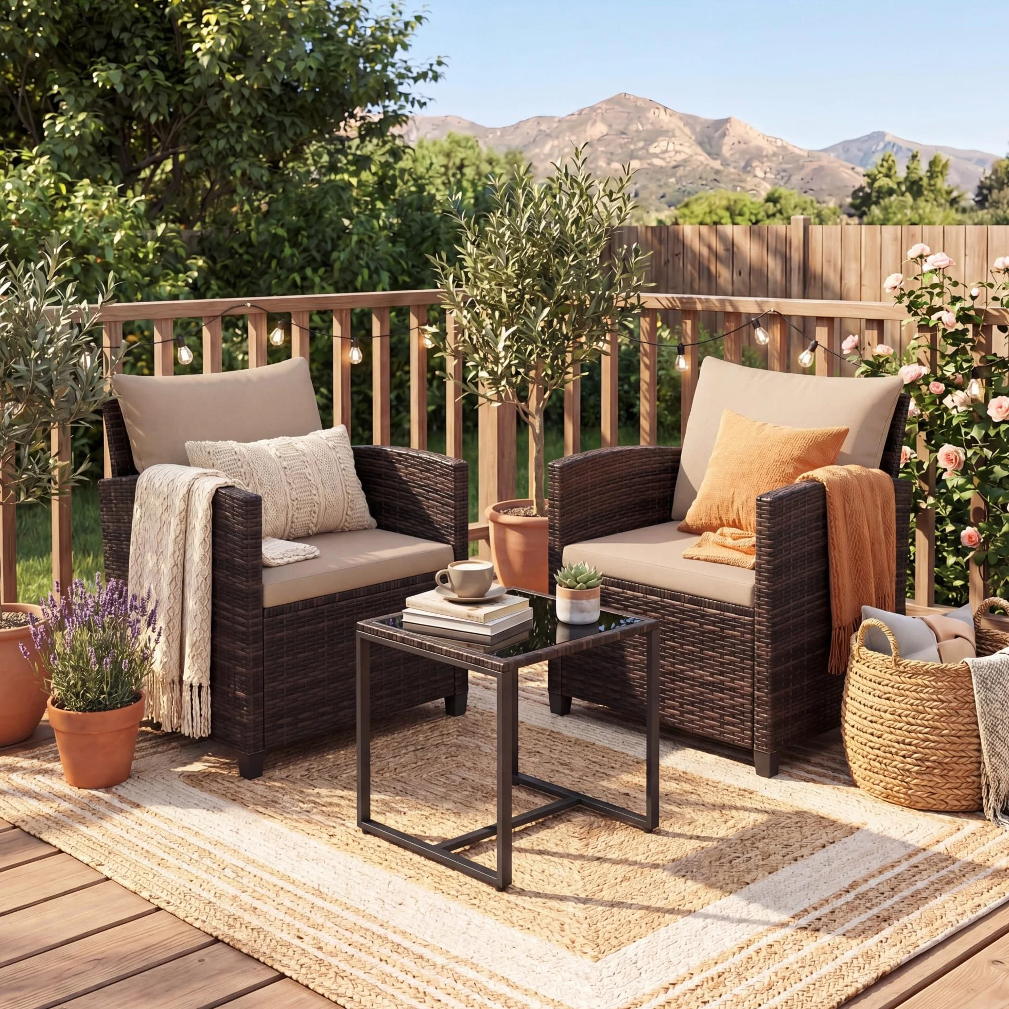 GIANTEX Juego de Muebles Jardín Exterior 3 Piezas, 2 Sillones con Cojines y 1 Mesa de Café de Vidrio, para 2 Personas, Conjunto de Conversación para Balcón, Terraza, Patio (Marrón+Café)