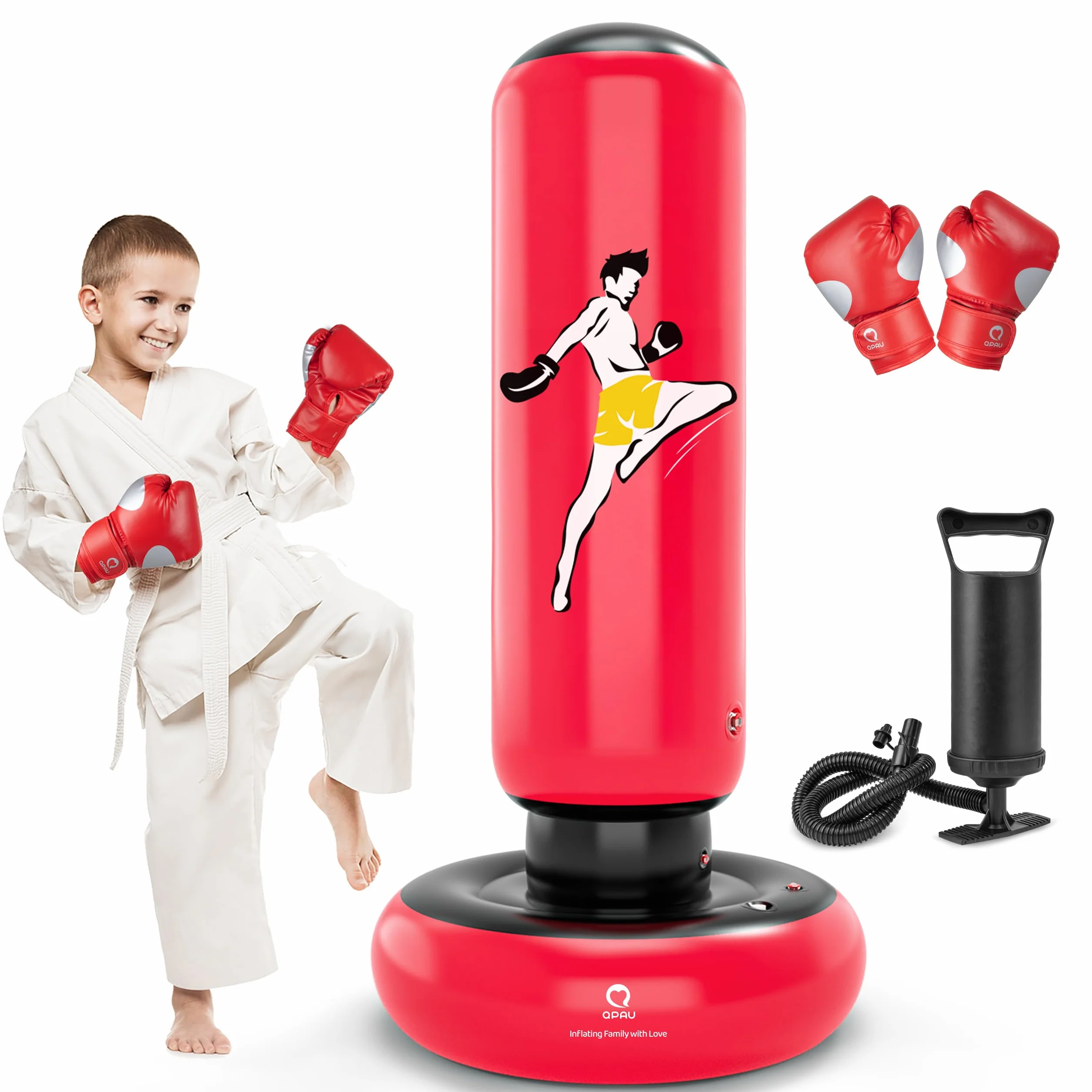 Saco de boxeo para niños con guantes, 66 pulgadas, inflable, rojo