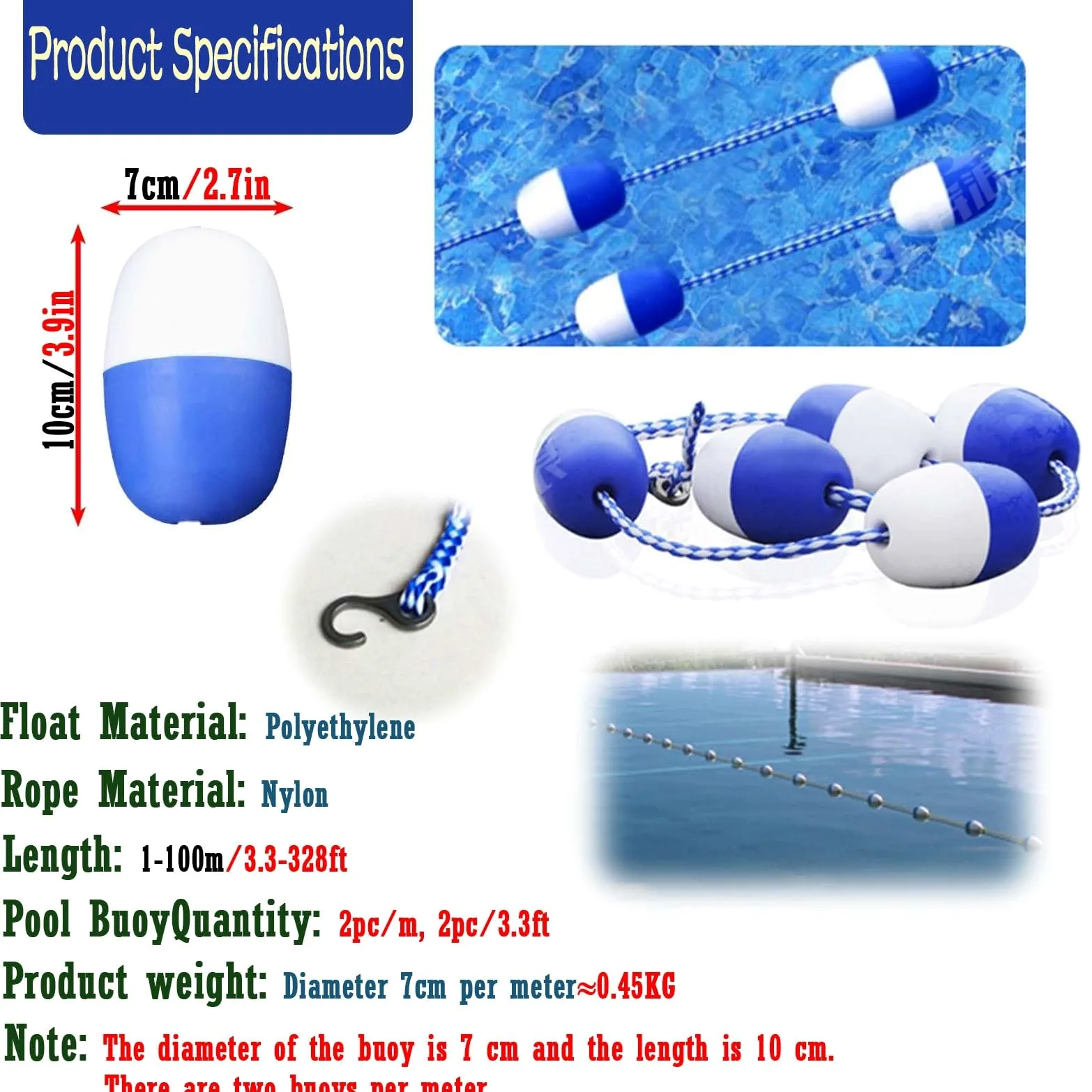 Línea flotante segura para piscina, marcador de carril para piscinas enterradas, extremo poco profundo, 77 m, accesorio de piscina