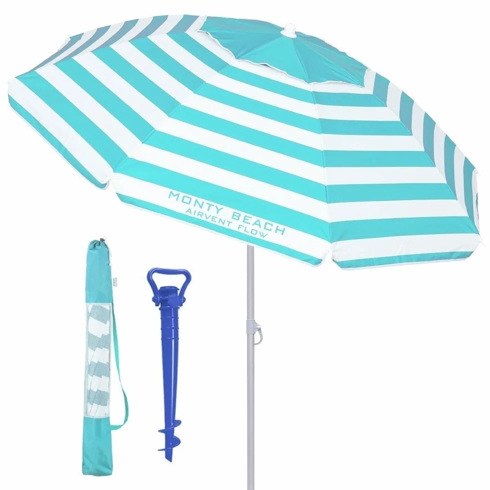 LOLAhome Sombrilla Playa 180 cm y Soporte Arena, protección UV+50, sombrilla antiviento, Varillas Flexibles Fibra Vidrio, Techo ventilación, mástil inclinable y Regulable Altura, Bolsa