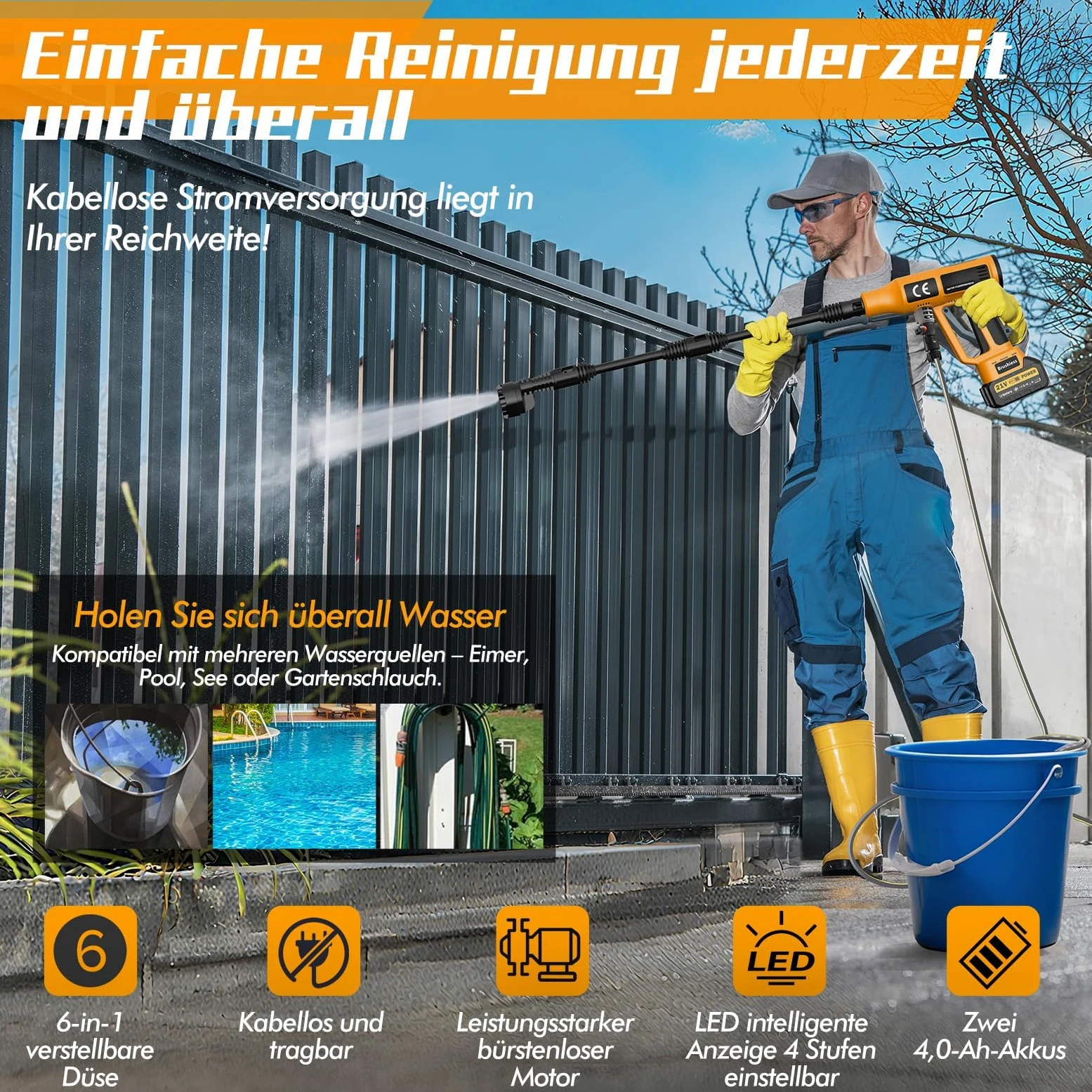 papasbox Limpiador de alta presión con batería, juego de limpieza con pistola de alta presión, kit de conexión rápida, boquilla de chorro y boquilla giratoria para terraza