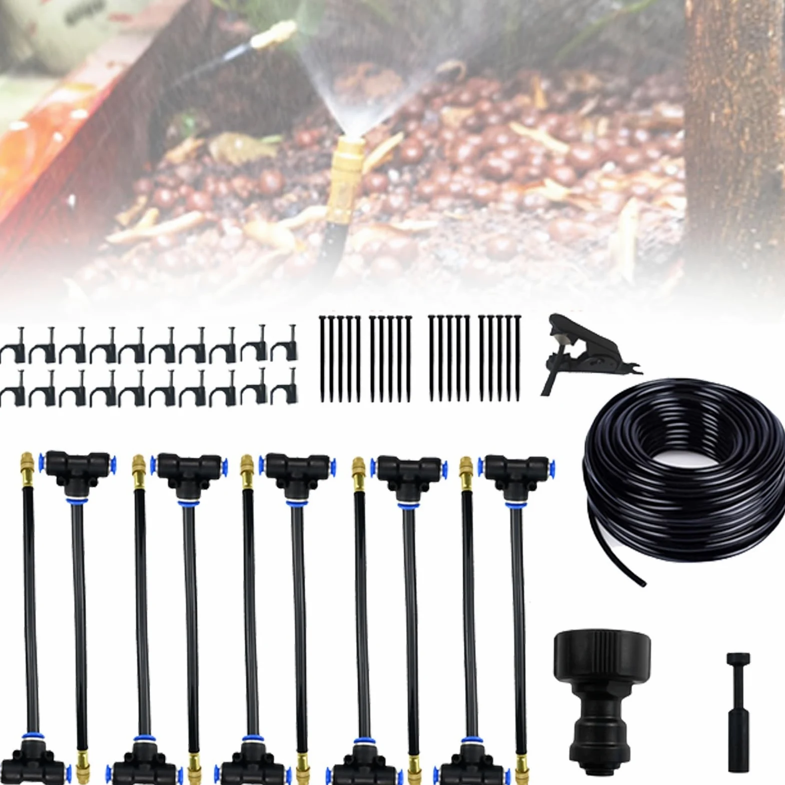 Kit De Riego por Goteo Actualizado Sistema De Riego De Jardín De 10M, Kits De Riego Automático For Patio De Invernadero con Conector Roscado De Latón De Doble Vía (Color : Black, Size : 10m)