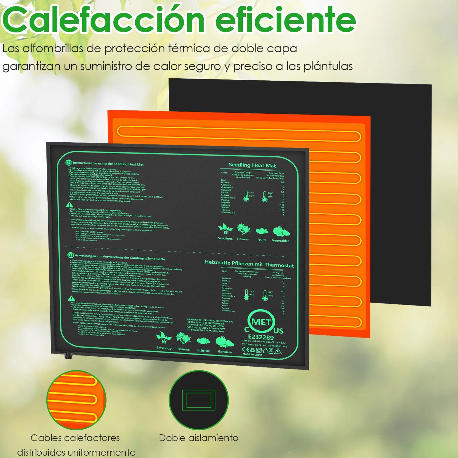Alfombra Calefactora 70W con Termostato, 52×50cm Estera Térmica IPX4 Impermeable con Cable de Silicona y Algodón Punzonado, Temperatura Ajustable 20-45 °C para Semillas, Plantas y Reptiles
