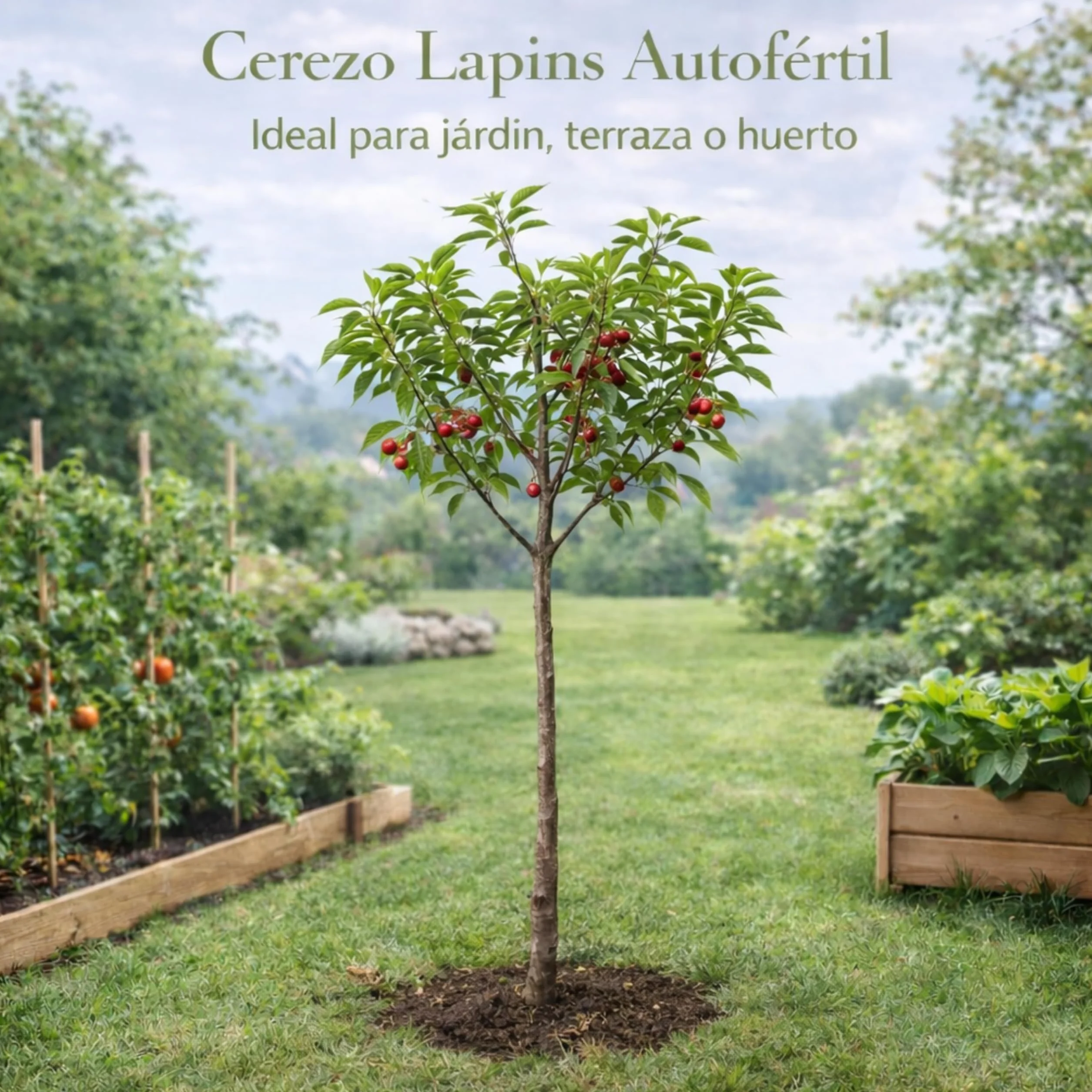 Cerezo Lapins Autofértil en Maceta, 140 cm de altura, Árbol Frutal Exterior con Cerezas Dulces Planta Natural para Jardín Terraza Huerto Floración Primavera Fácil Cultivo. Cerezo