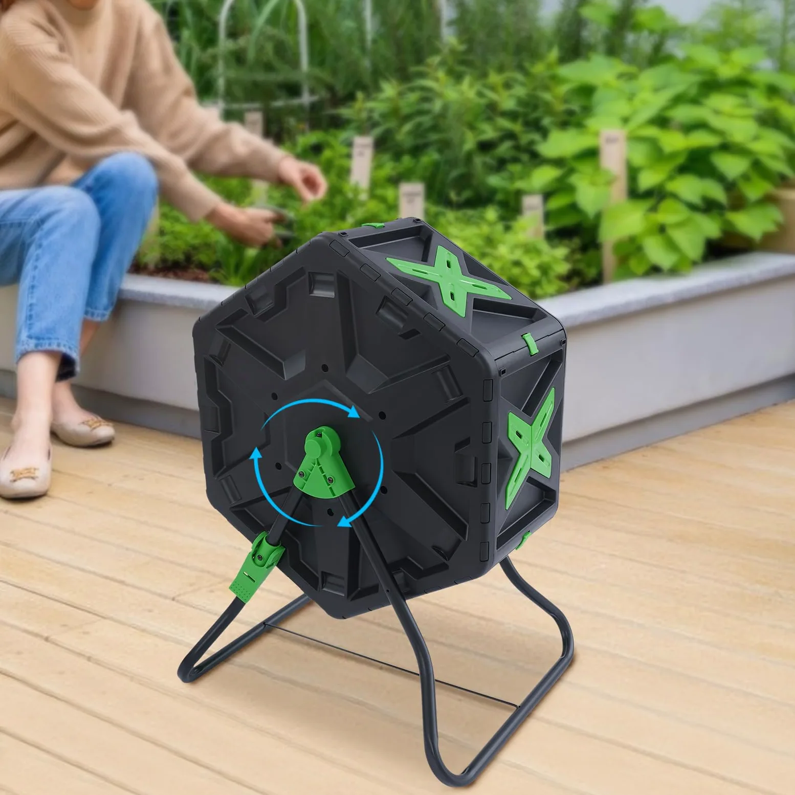 Compostador giratorio de 70 litros, contenedor de compostaje giratorio, para jardín, compostador rápido giratorio, para residuos de cocina, hierba triturada, hojas, paja, virutas de madera, ramas, etc