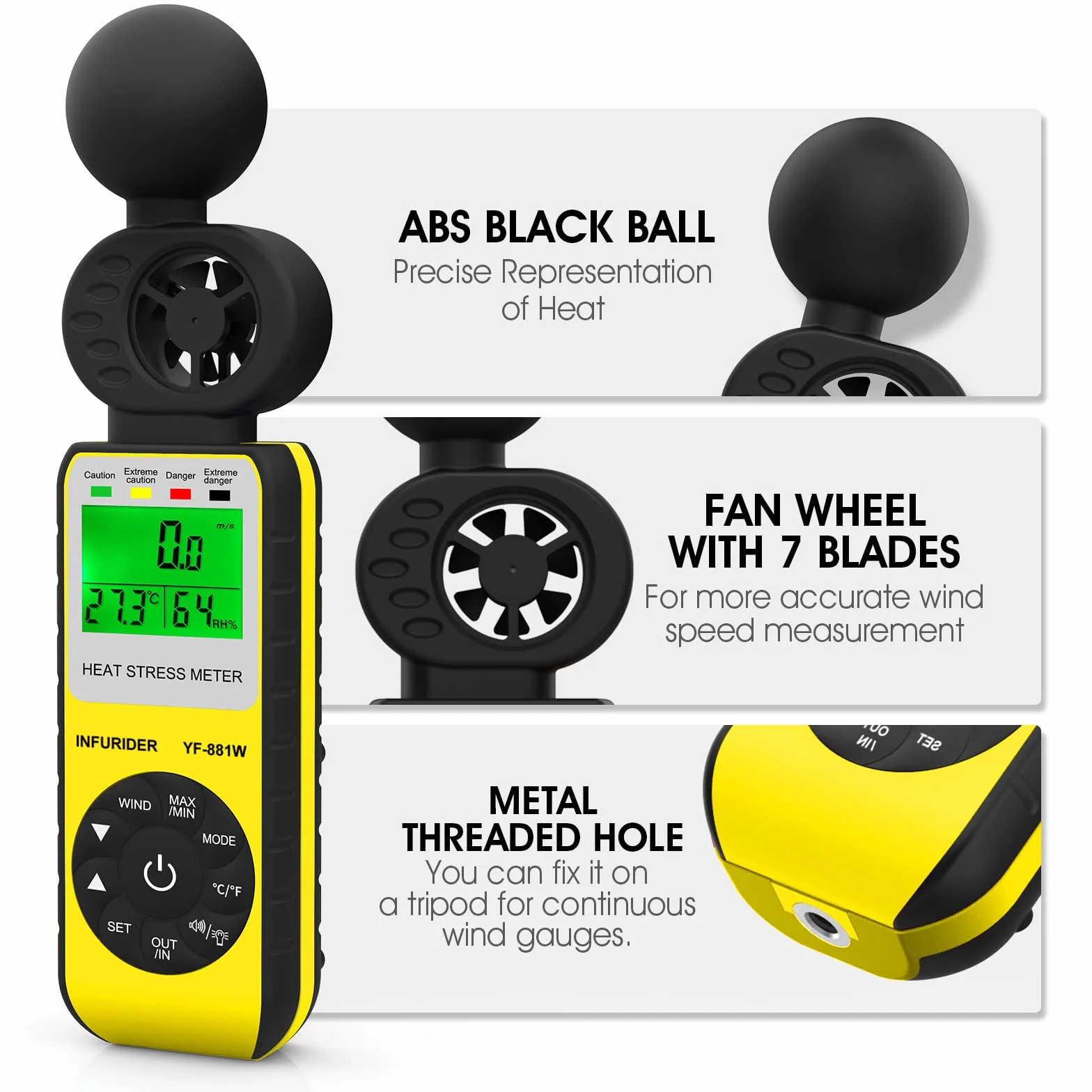 Anemómetro Digital Medidor de Velocidad del Viento,Medidor de Estrés Térmico WBGT Mide la Velocidad del Viento/Temperatura del Viento/Humedad,Medidor de Viento para Industrial y Exterior