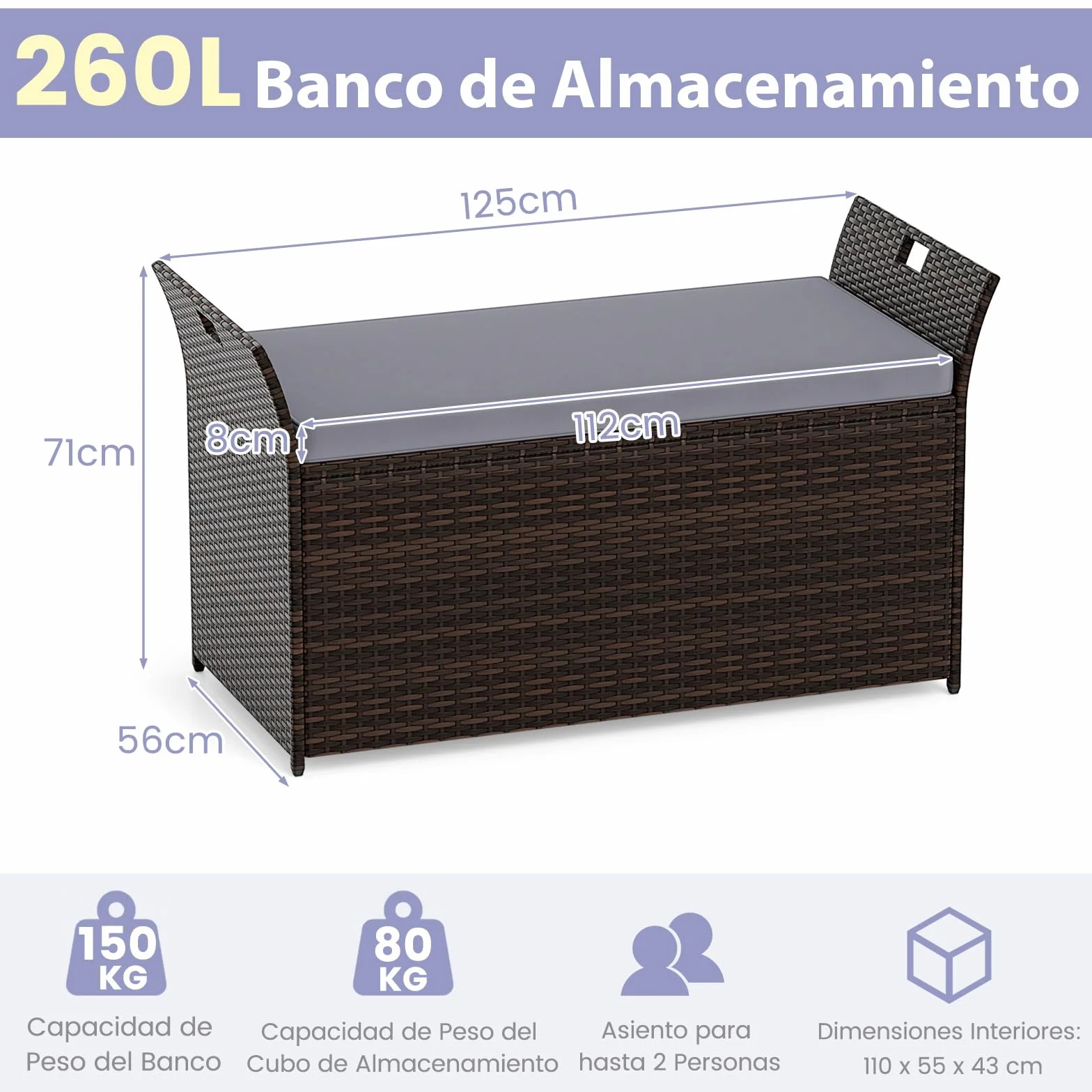 COSTWAY Banco Exterior con Ratán PE, Banco Almacenaje Exterior con Cojín y Manijas Laterales, Baul Almacenaje,125 x 56 x 71 cm, Marrón Rústico