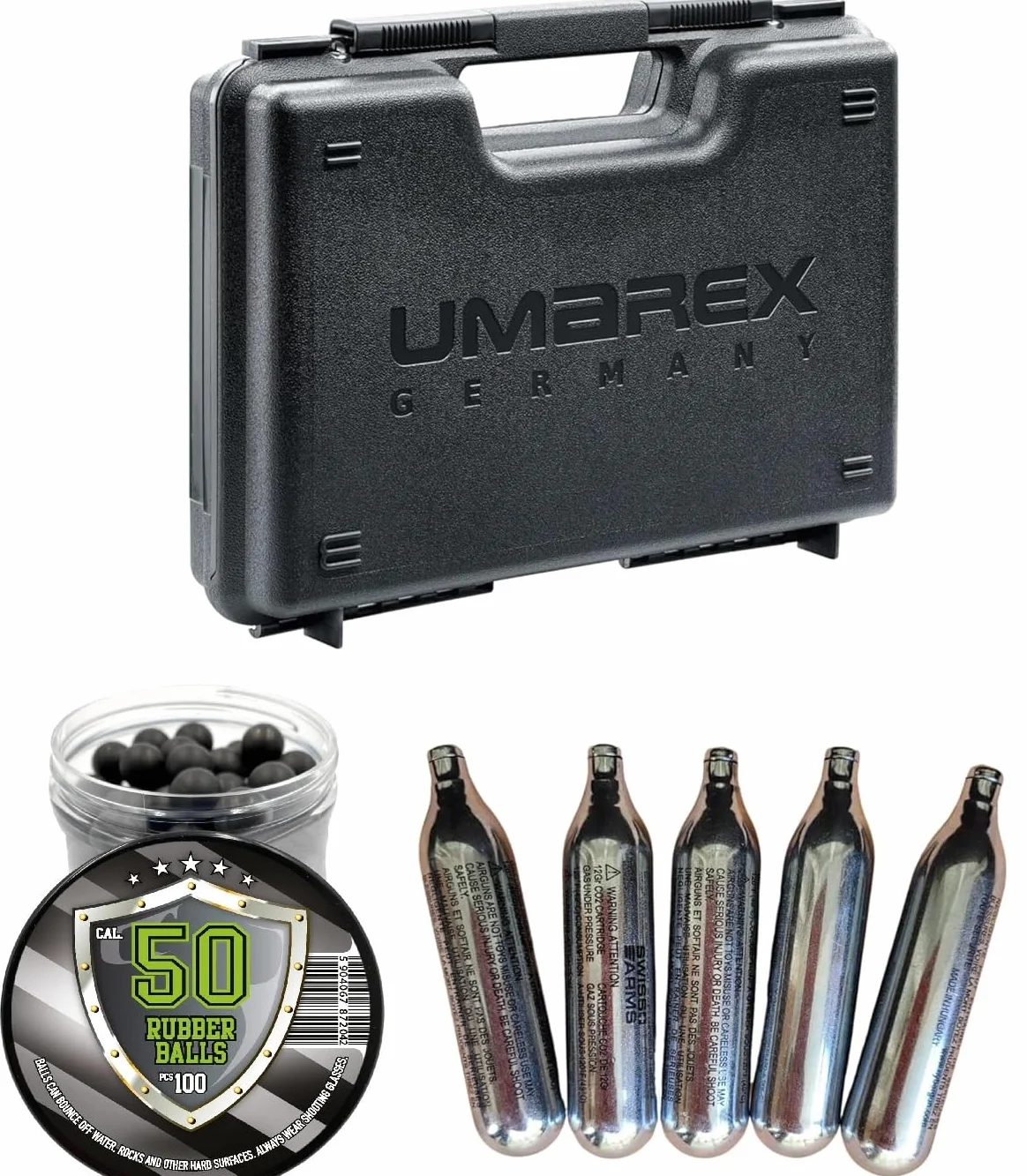 Pack de 5 Bombonas de CO2 + 100 Bolas de Goma .50 + Maletin para Airsoft