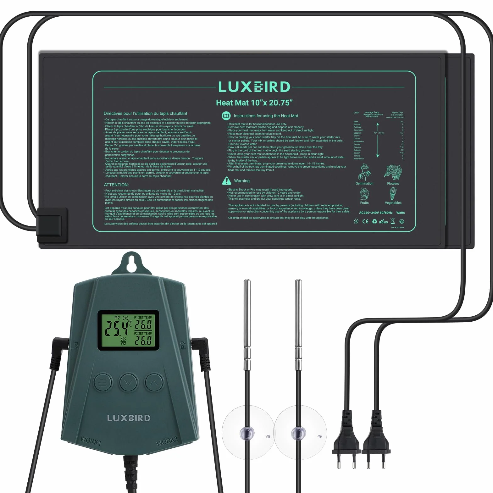 Luxbird Alfombrilla térmica para plántulas y Controlador de termostato, 21W Mantas calefactoras, Esterilla Calefactora para Siembra y Germinación en Interiores 2 Pieza Esterilla calefactora