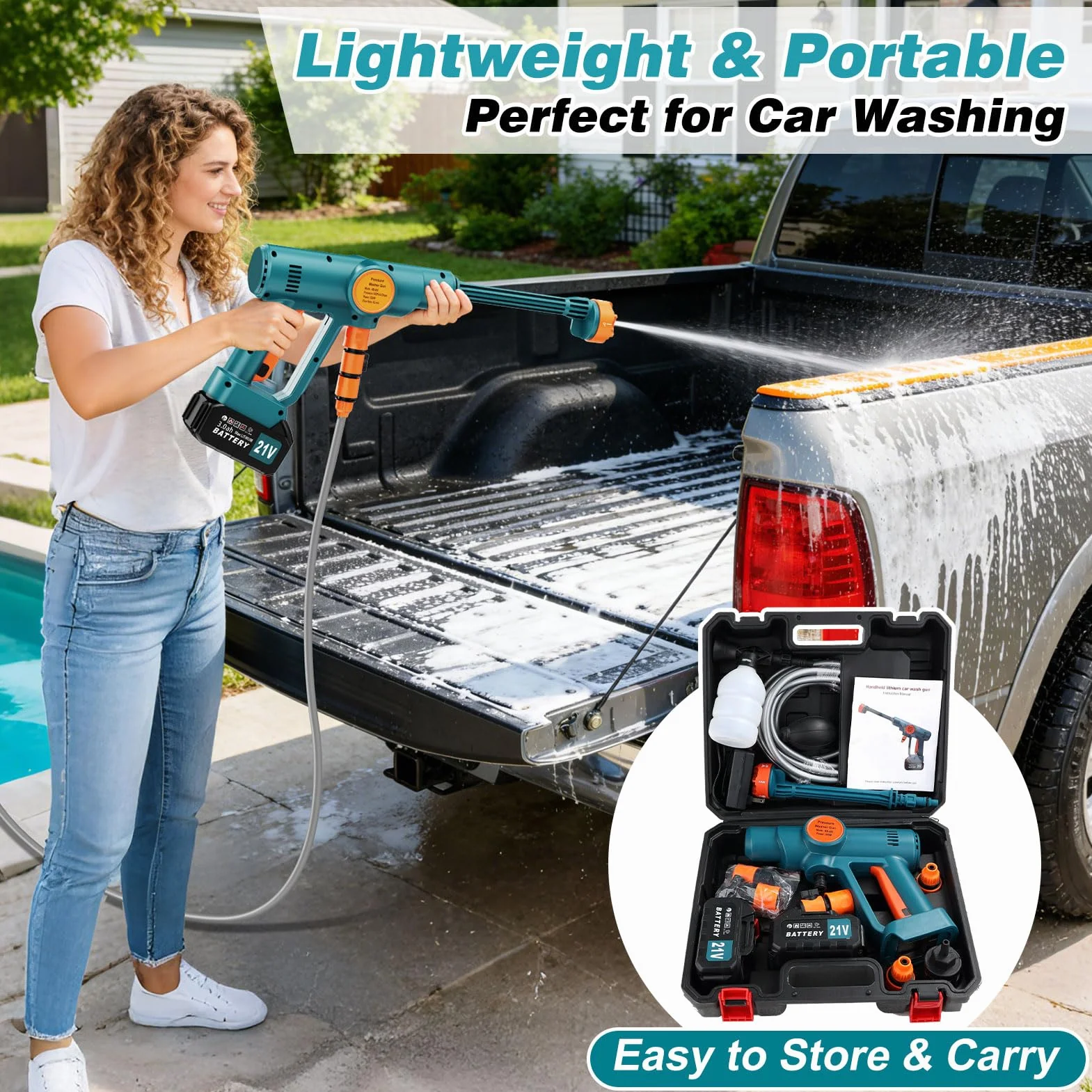 Hidrolimpiadora Bateria,Hidrolimpiadora de Alta Presion con 2 Baterías 3000mAh,Portátil Pistola de Agua a Presión,Boquilla 6 en 1 y Cañón de Espuma,para Limpiar Coche, Terraza, Jardín Limpieza y Riego