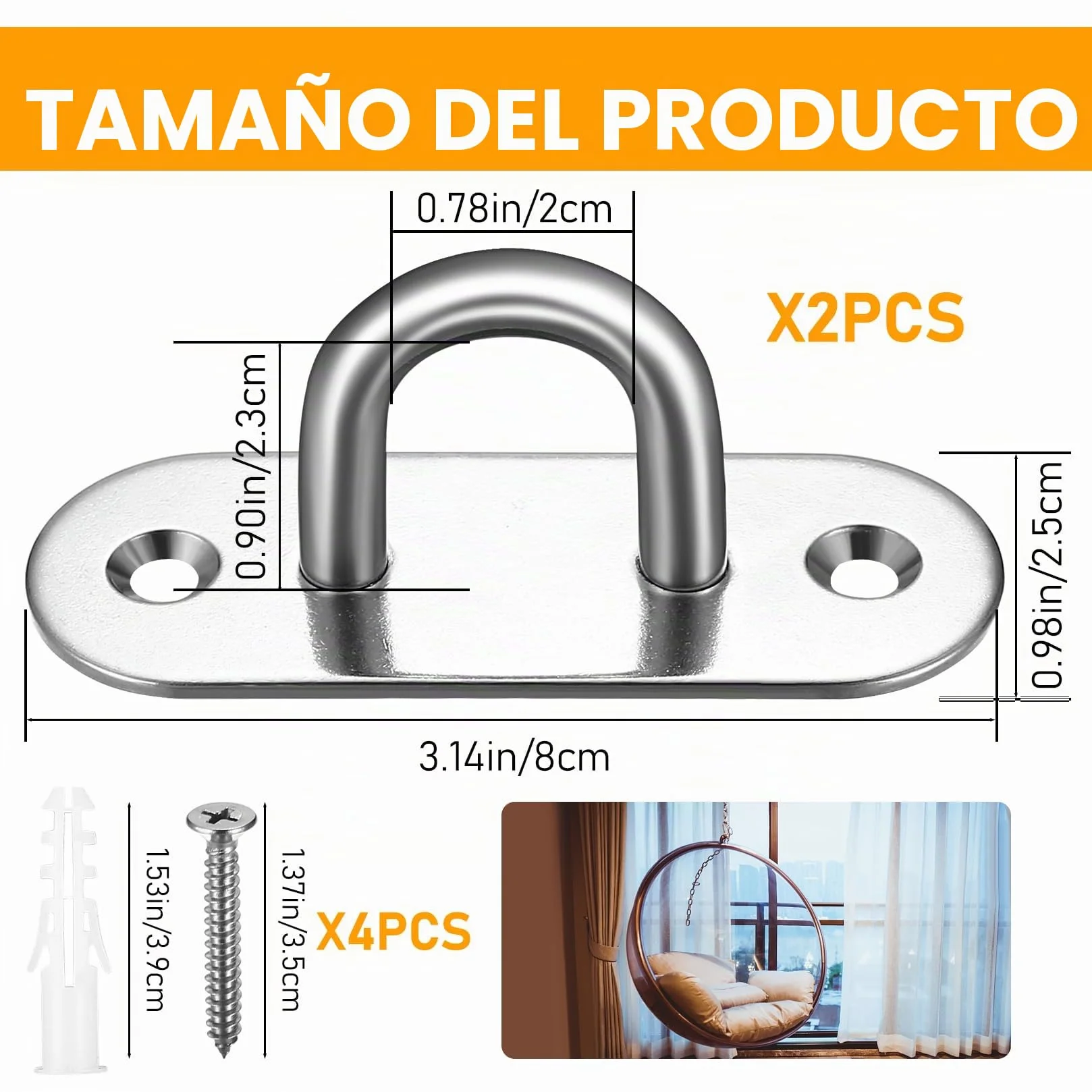 Placa de Ojo, 2 Pcs M8 Placas de Ganchos de Techo de Acero Inoxidable, Ganchos de Anclaje de Pared para Colgar Bandas Correa Hamacas Yoga Toldo, Capacidad de 400 kg, Oval