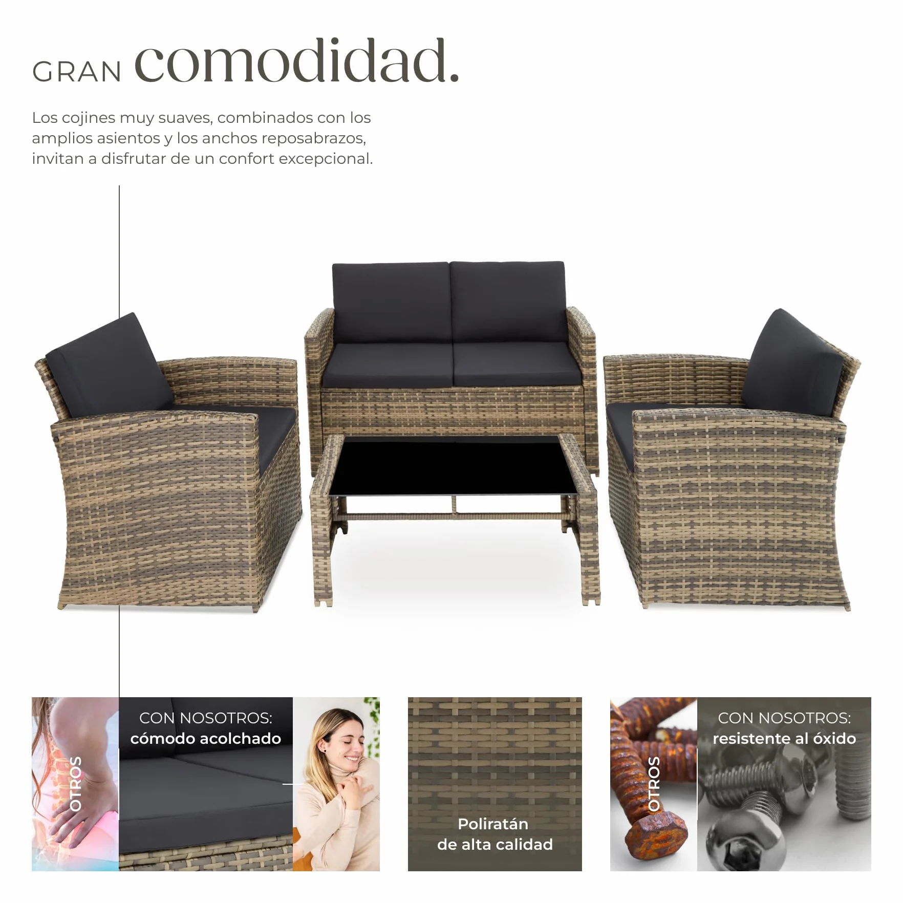 tectake® Conjunto Jardín de Ratán y Acero, Muebles Jardín Exterior, 2 Sillones 1 Sofá 1 Mesa con Cristal, Conjunto Terraza Resistente a Intemperie, con Cojines, Fundas Extraíbles - natural/gris oscuro