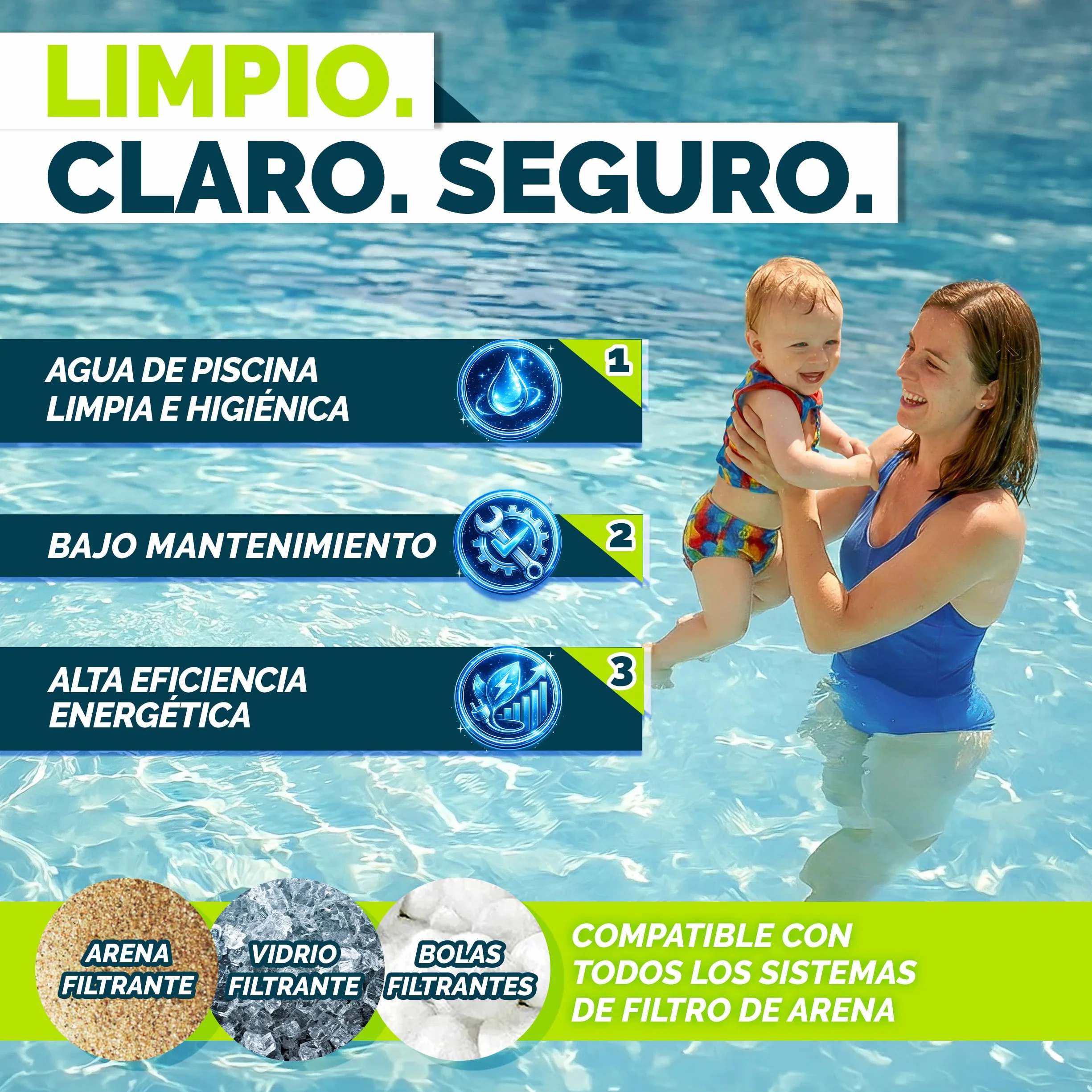 tillvex Depuradora de Agua para Piscina 7.900L/h + 400g Bolas de Filtro | 7 Funciones de Filtrado & Adaptador Ø32-38mm | Filtro de piscina con indicador de presión (Azul)