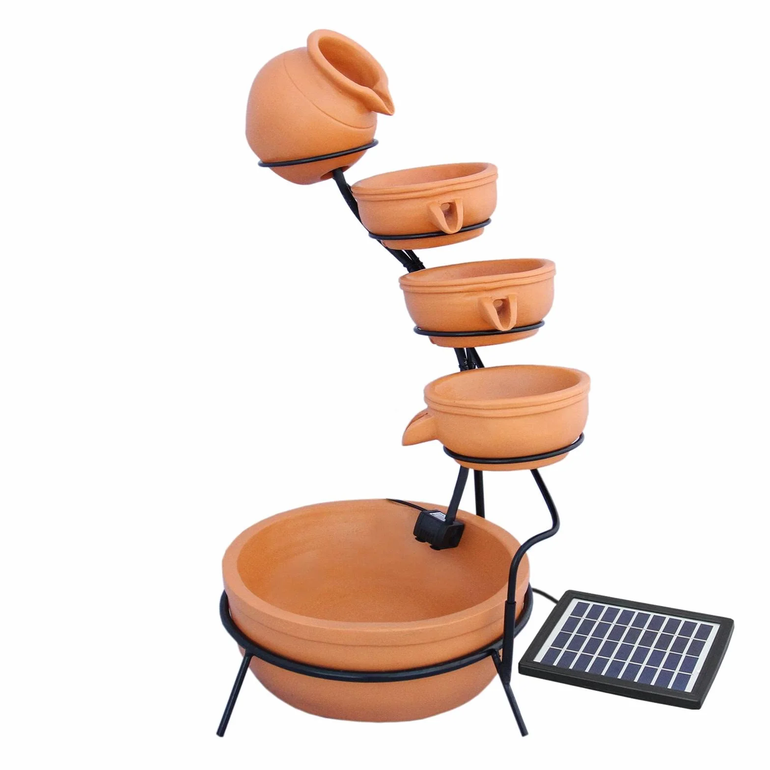 Fuente solar en cascada Terracota 4 niveles - Decoración al aire libre Jardín Terraza Bebedero - Batería 6H [estaca de tierra con panel solar incluido]