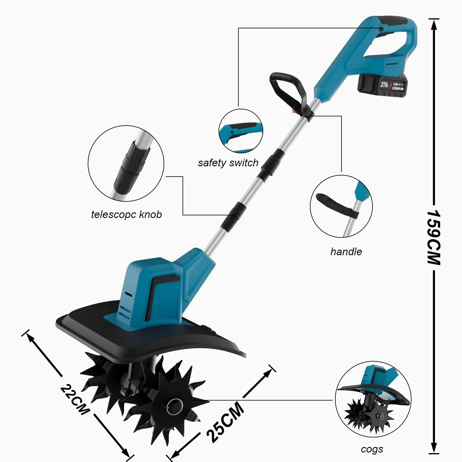 Motoazada Eléctrica Inalámbrica 500W Brushless, Motocultor a Batería con 2X 4.0Ah, Cultivador de Jardín con 4 Fresas de Acero (Ancho 20cm/Prof 15cm), Mango Ajustable, para Huerto y Aflojar Tierra