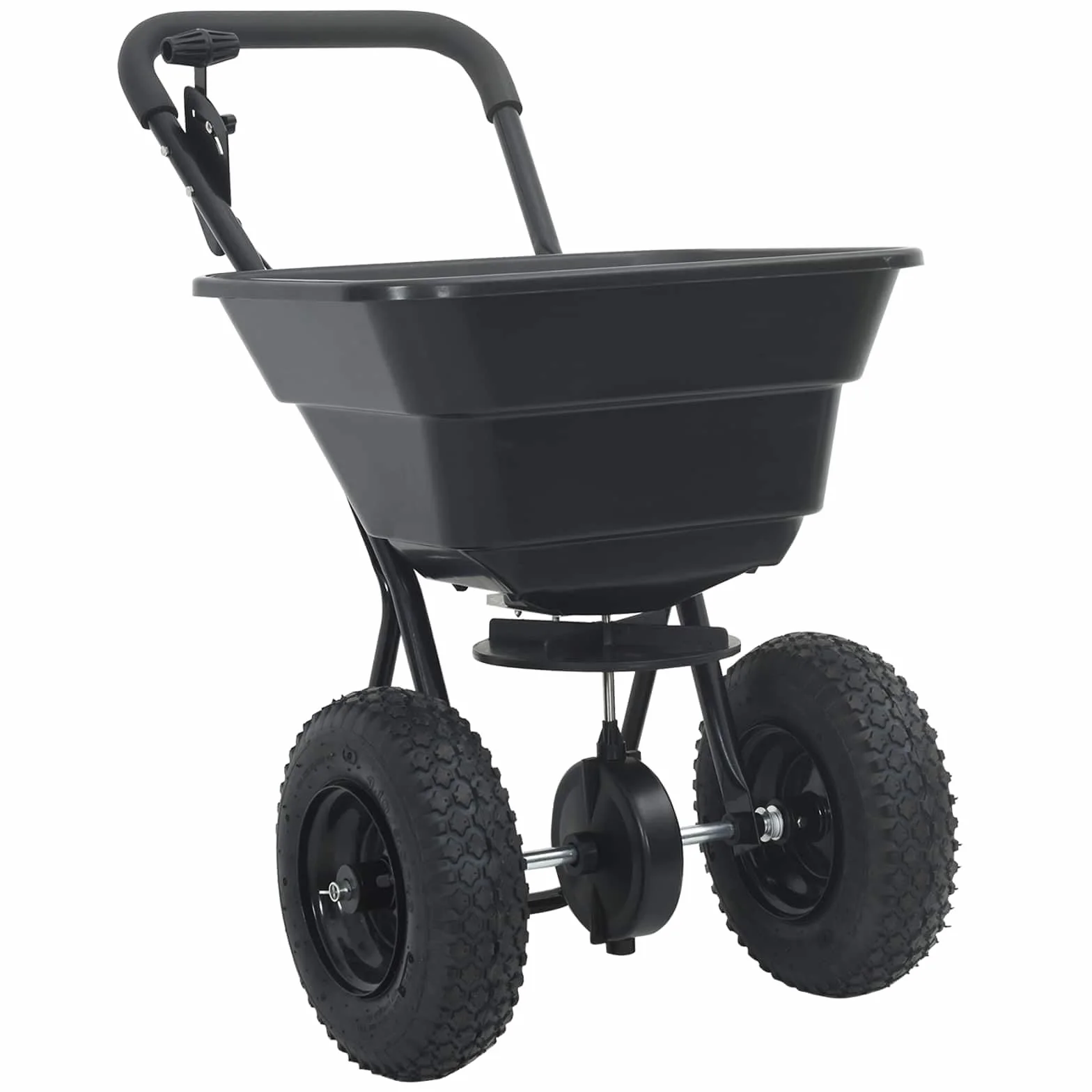 Esparcidor negro de PVC y acero 53 x 81,5 x 78 cm, esparcidor de mano y abono para jardín, patio, acera, bancal, ideal para sembrar, fertilizar, distribuir, esparcir semillas de césped y sal de