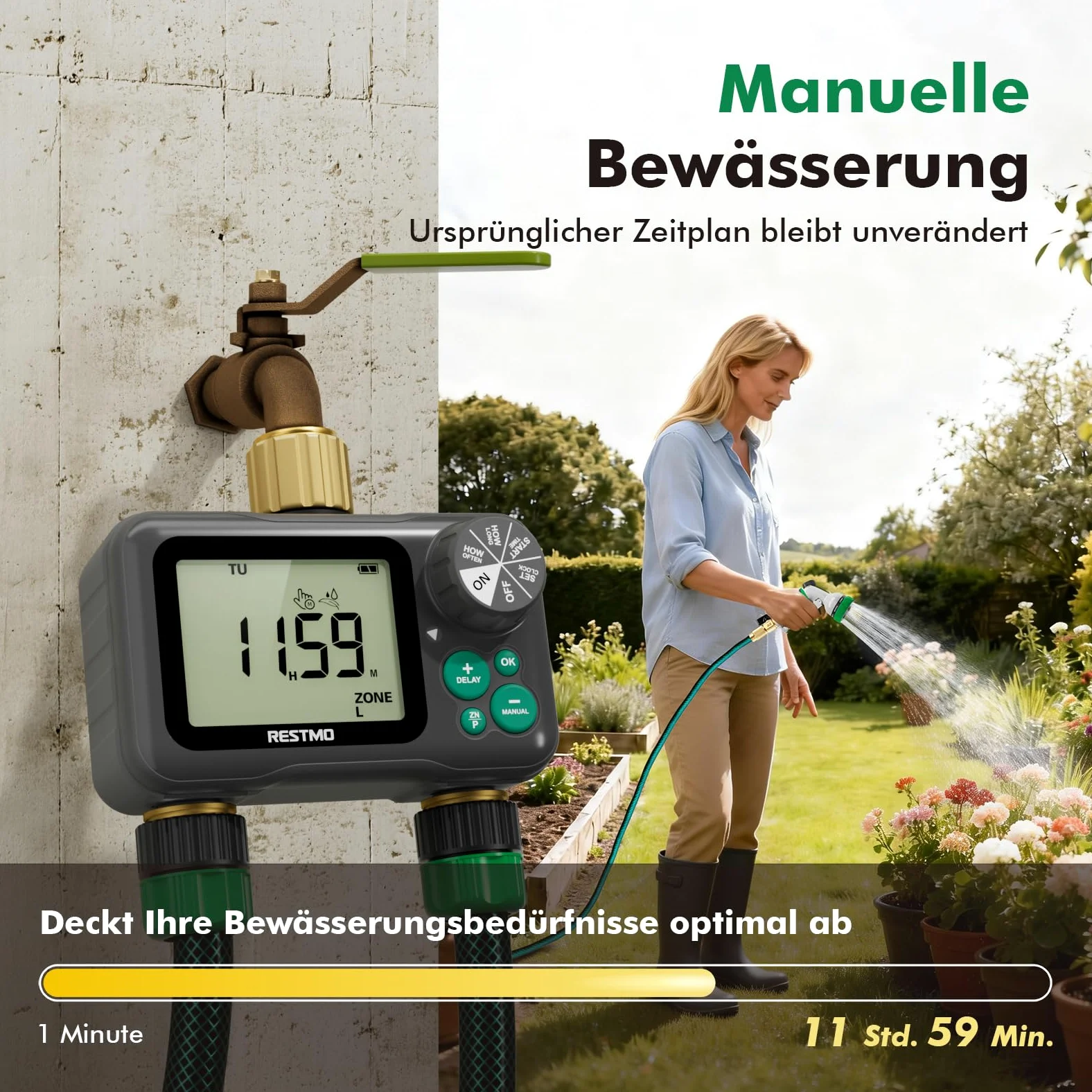 RESTMO Ordenador de riego RF de 2 zonas, temporizador de riego con mando a distancia | Automático/manual/retardo de lluvia, para manguera de jardín y grifo exterior, riego de césped