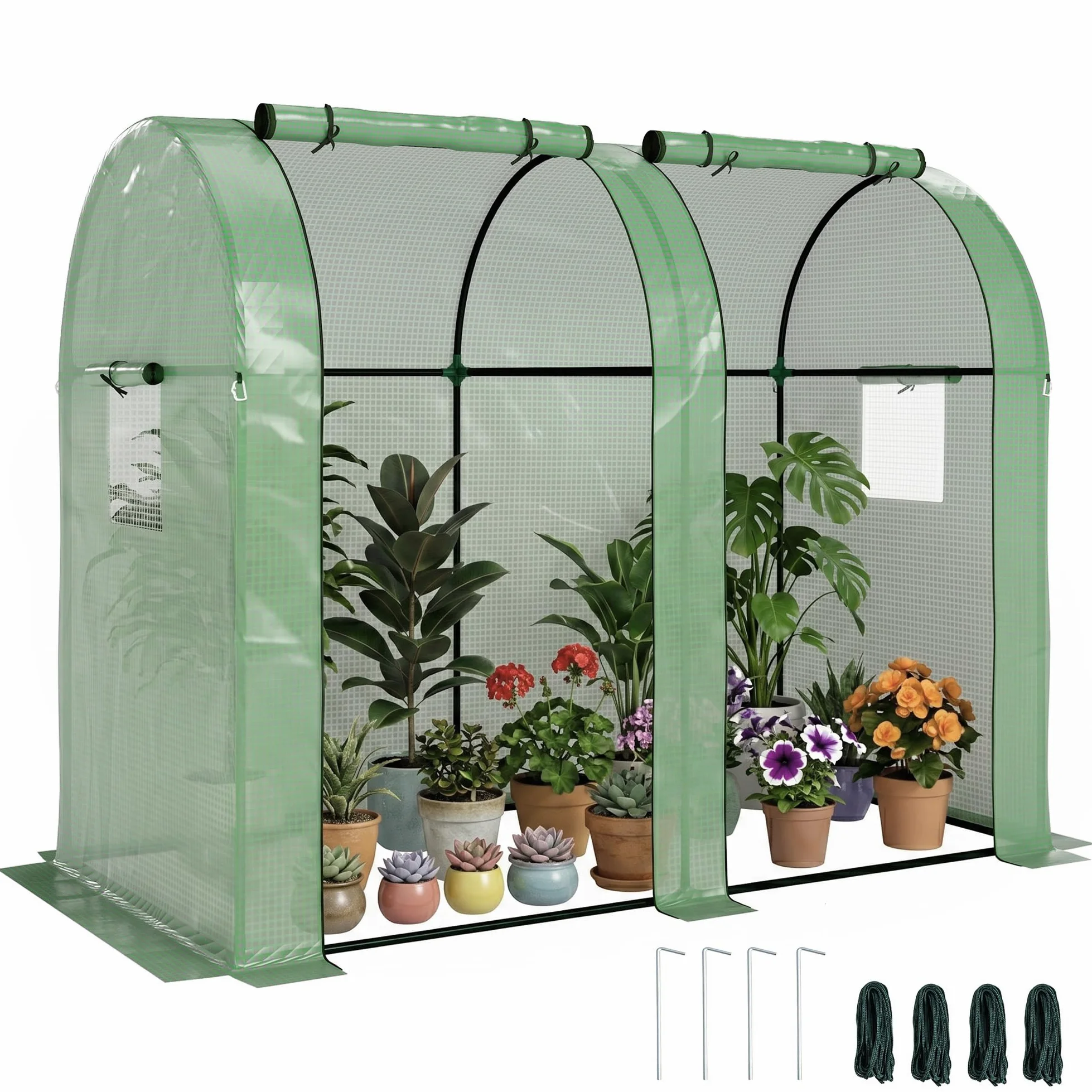 Outsunny Invernadero de Jardín Mini Invernadero con Anti-UV 4 Ventanas 2 Puertas Enrollables con Cremallera para Cultivo de Plantas Flores Tomates en Terraza Patio 185x94x150 cm Verde
