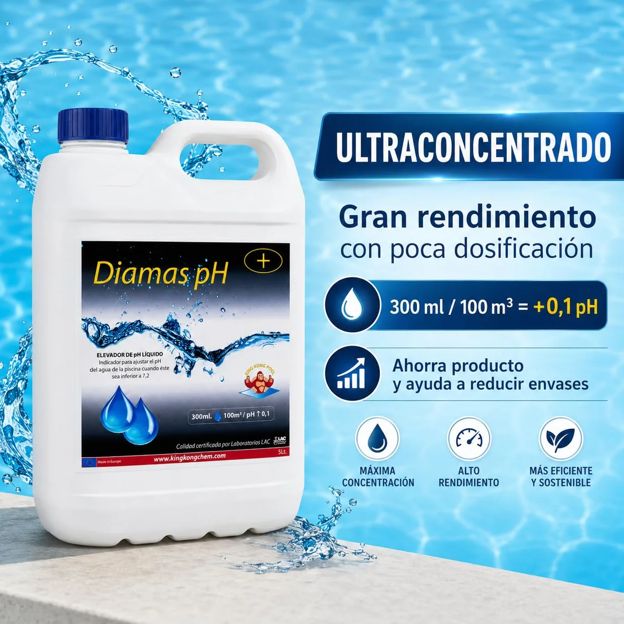 Incrementador de pH Concentrado para Piscinas DIAMAS PH 5 litros - Aumenta el pH del Agua – Formato Líquido