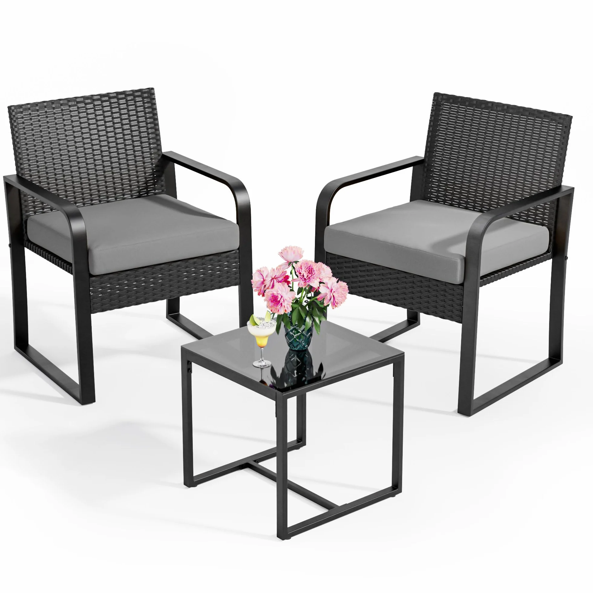 Bealife Juego de Muebles de Jardín de Ratán para 2 Personas, Exterior, Balcón Pequeño, Gris