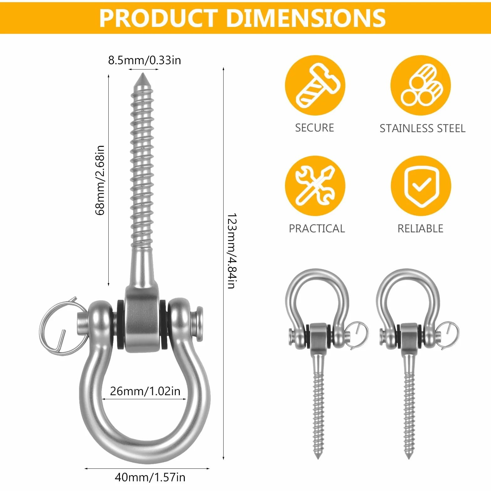 2 PcsGanchos para Columpios de Techo, 123mm Soportes Ganchos de Techo de Acero Inoxidable de 180° Rotación, Ganchos de Hamacas Yoga Sacos de Boxeo Arena Porches Patios