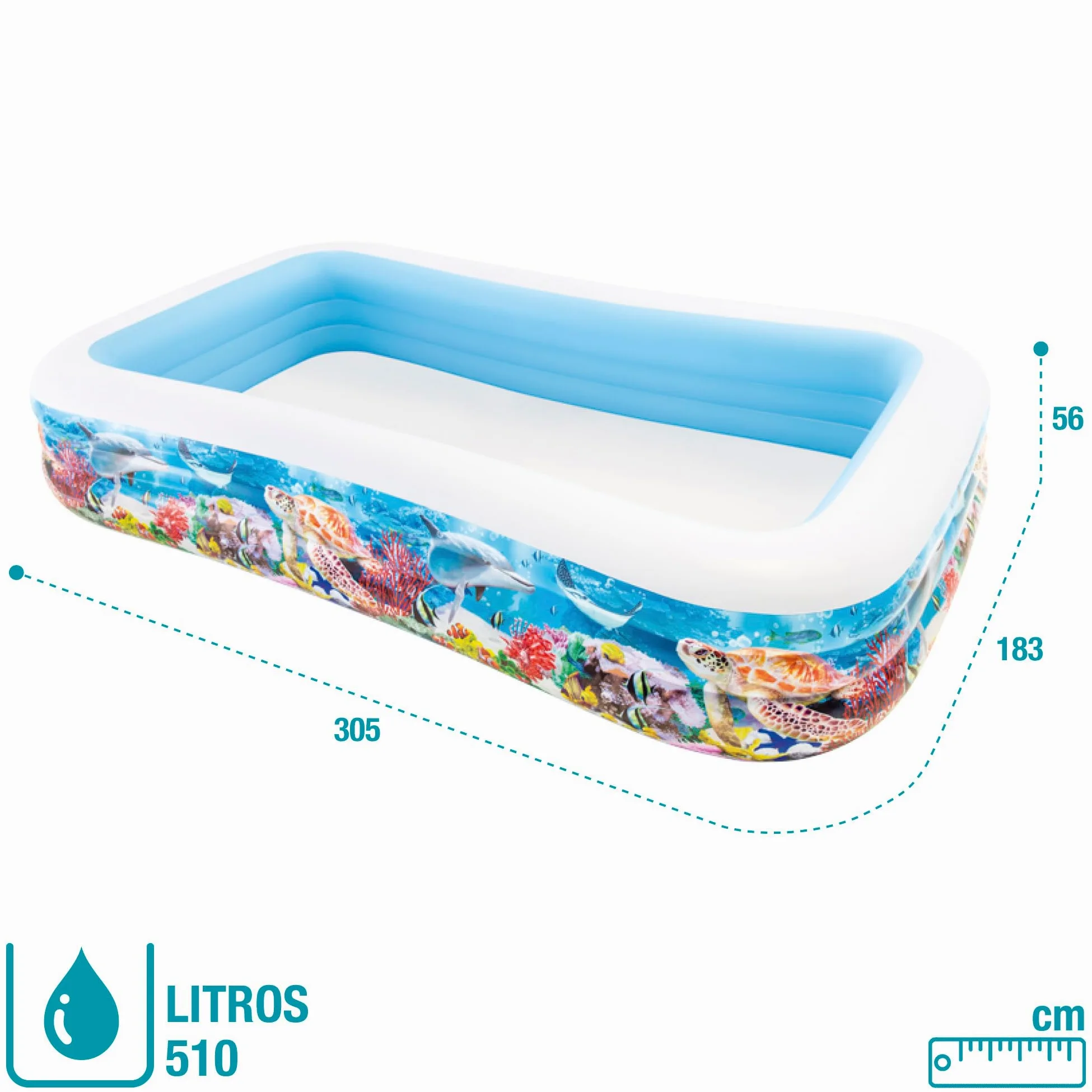 Intex Piscina Hinchable Grande diseño océano, 305x183x56 cm, 1050 litros, 3 cámaras de Aire, Tapón de desagüe, Vinilo Resistente, Uso Exterior, Ideal jardín y Verano, Parche Incluido, +6 años (58485)