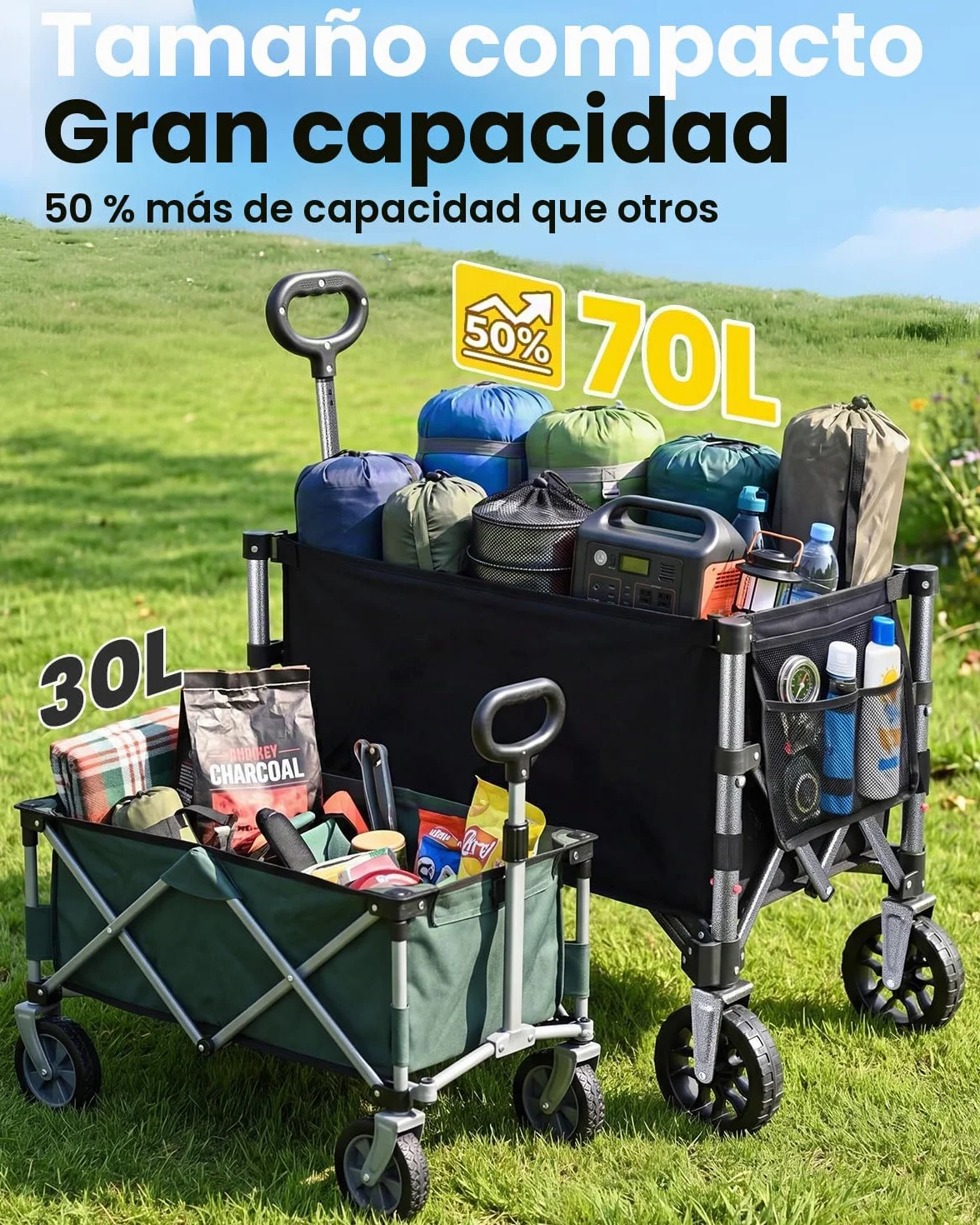 YEAUPE PRO Carro Playa Plegable con Ruedas – 70L, 50 kg – Ruedas Amovibles, Mango Ajustable, Acceso Lateral con Cremallera y Diseño Compacto, Ideal para jardín, paquetería y hogar – Negro Tinta