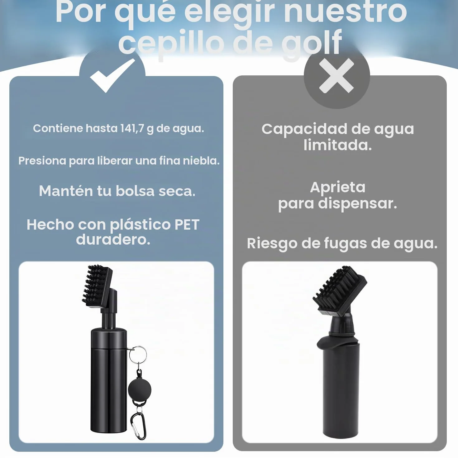 Cepillo limpiador de palos de golf 2 piezas con spray de agua integrado y gancho de aluminio retráctil