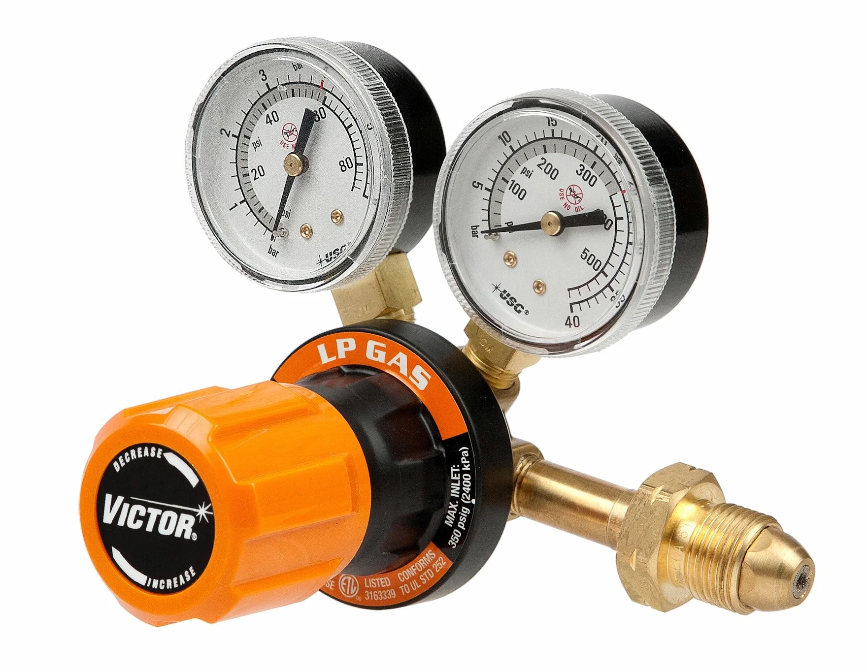 Victor Technologies 0781-9410 G250-60-510LP Regulador de gas LP de una sola etapa de servicio medio, rango de entrega de 60 psig, conexión de entrada CGA 510