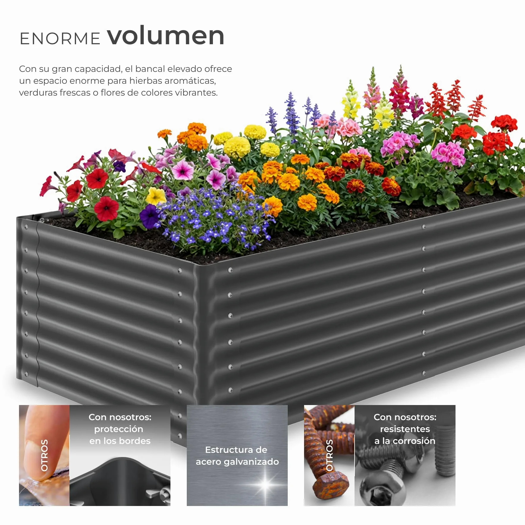 tectake® Bancal Elevado de 200 x 100 x 62 cm, 1200L, para Huerto Urbano, Jardineras Exterior Grandes, Maceteros Grandes Exterior, Jardin, Macetero Grande, con Guantes, Suelo Abierto, Malla Metalica