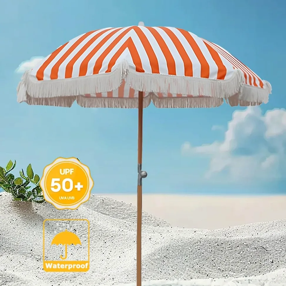 Genérico 220 cm Sombrilla de Exterior a Rayas Naranjas con Borla, Parasol de Playa UPF50+, Sombrilla de Jardín Plegable con Poste de Hierro