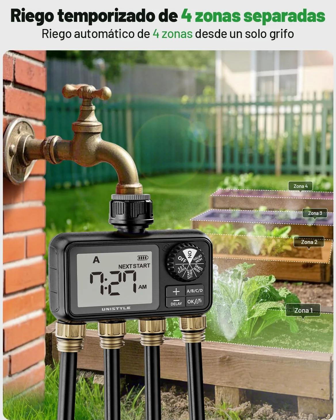 Unistyle Ordenador de riego de 4 salidas, reloj de riego automático, aspersor de césped, control de riego, sistema de riego para riego de jardín, temporizador de agua, riego de jardín