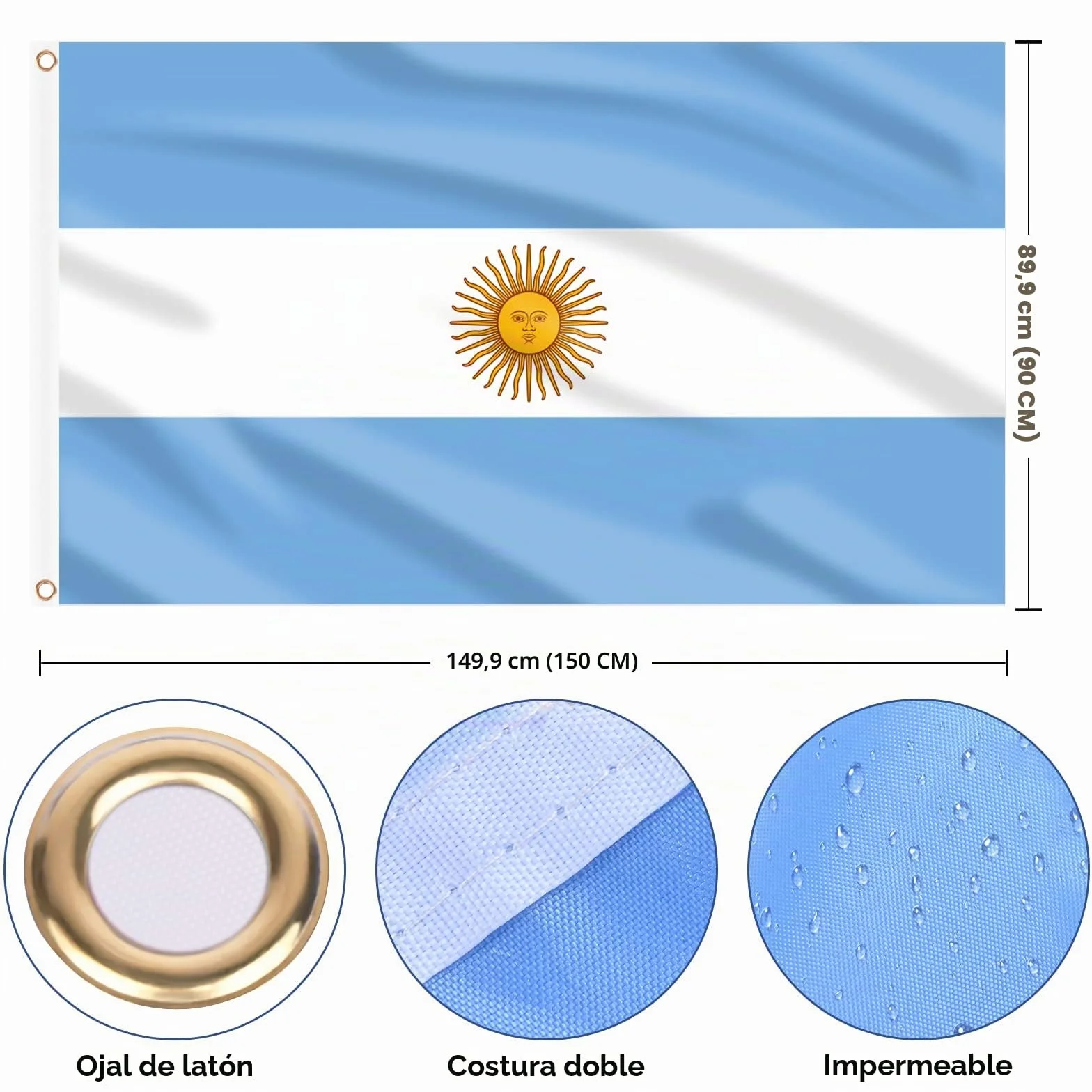 AhfuLife Bandera de Argentina 90cm x 150cm, 1 Pieza Bandera Argentinas con Agujeros de Latón en Ambos Lados, para Decoraciones de Fiestas, la Copa del Mundo, Fútbol, Día Nacional, Jardín, Calle
