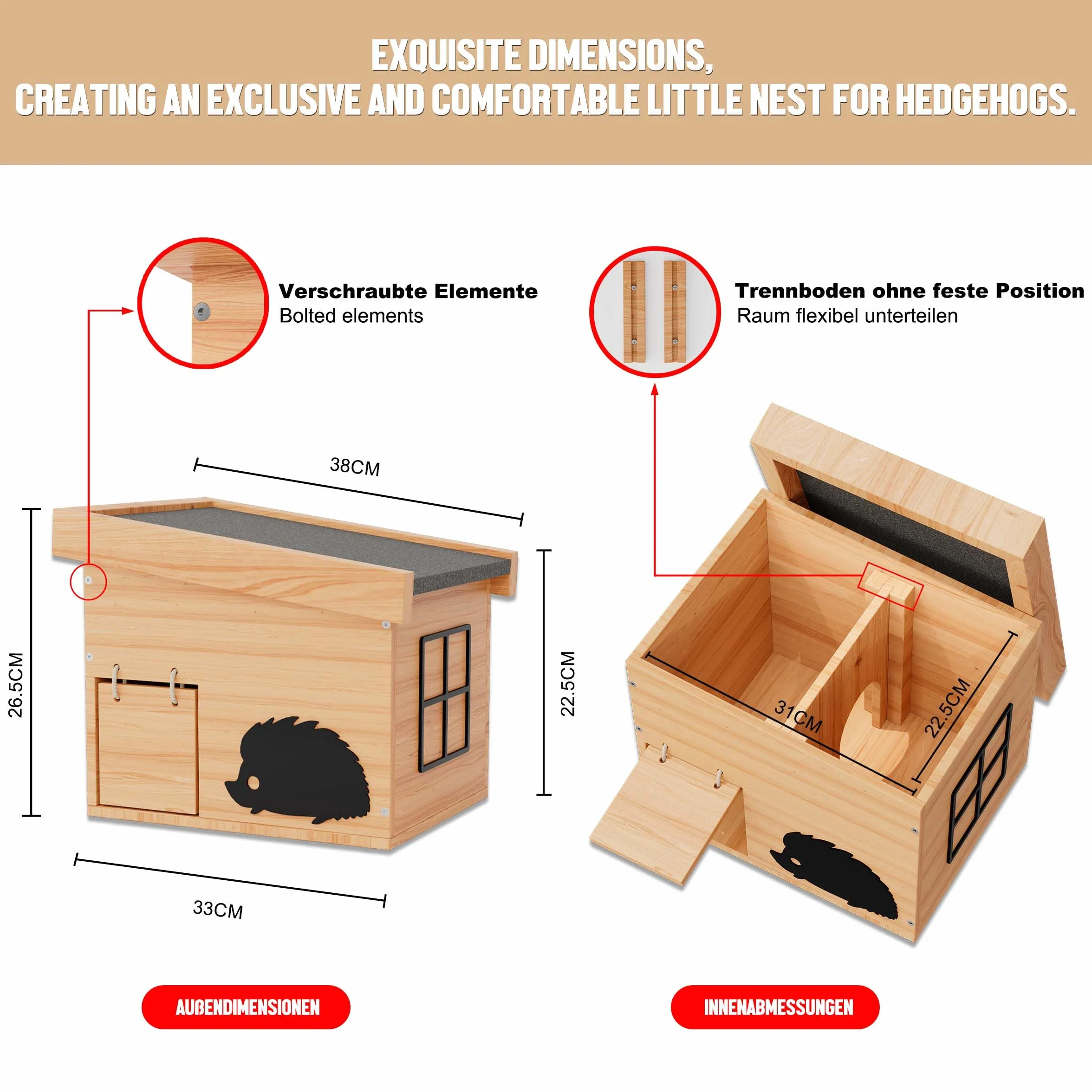 Casa de erizo de madera para erizos con suelo, resistente a la intemperie, resistente a la intemperie, para erizos, dormir, jardín, kit de construcción (haya)