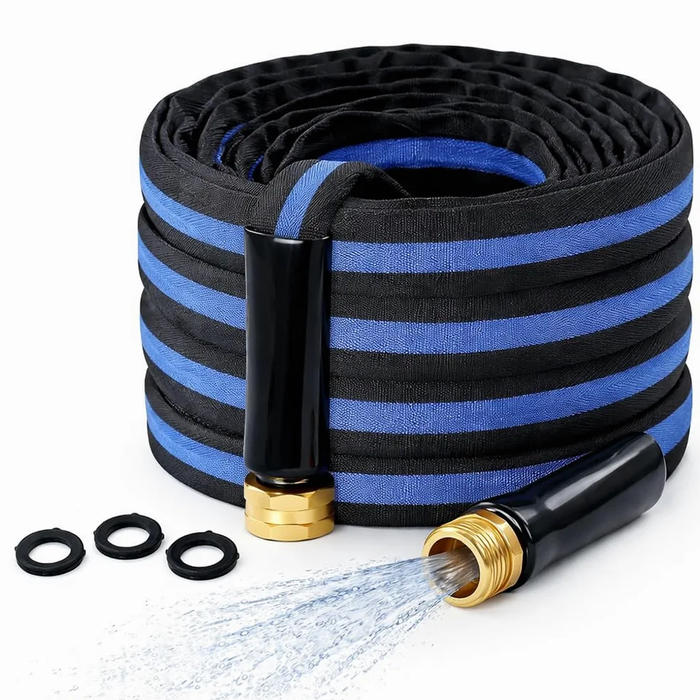 Manguera de jardín profesional de 50 pies con 3 arandelas reforzadas, conector universal para grifo, manguera de agua a prueba de fugas para todas las estaciones, se adapta a cualquier grifo, diseño