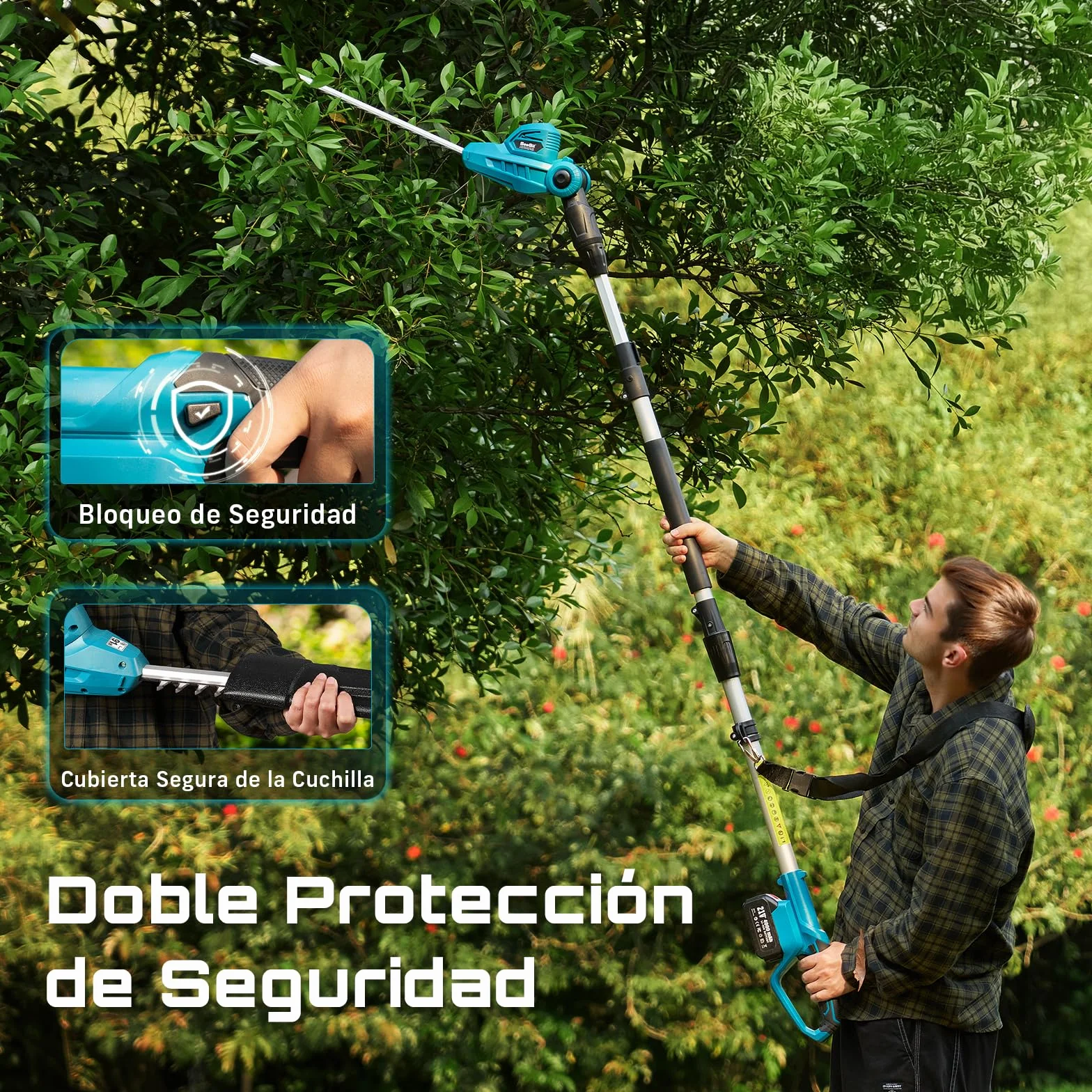 SEESII Cortasetos Telescópico Eléctrico: Cortasetos a Batería con Hoja de Doble Acción de 40 cm, 2 Baterías 4,0Ah, Cabezal Giratorio 135°, para Setos Altos y Arbustos Densos