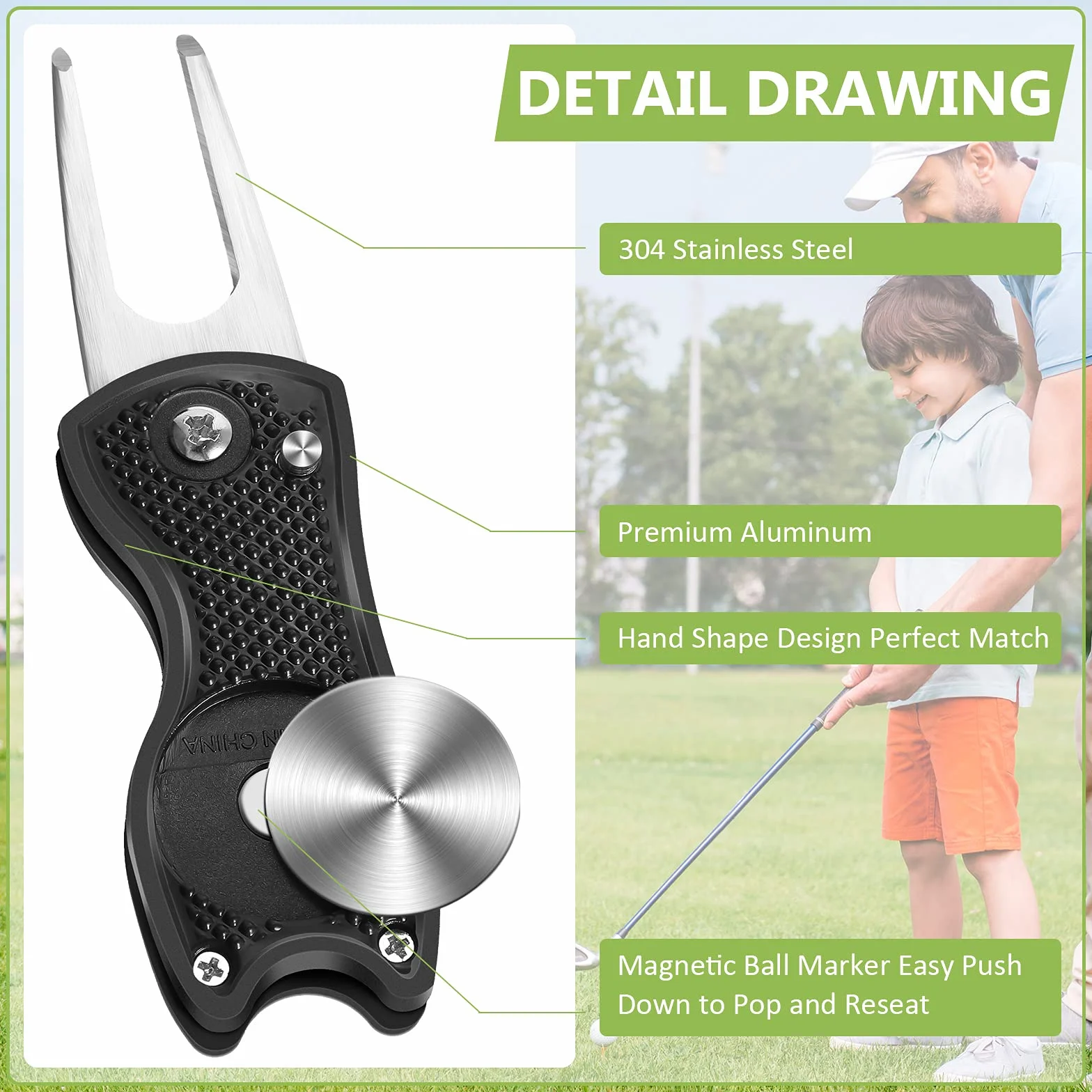 Golf Divot Tool Acero Inoxidable Plegable Horqueta Reparación con Marcador Pelota Negro