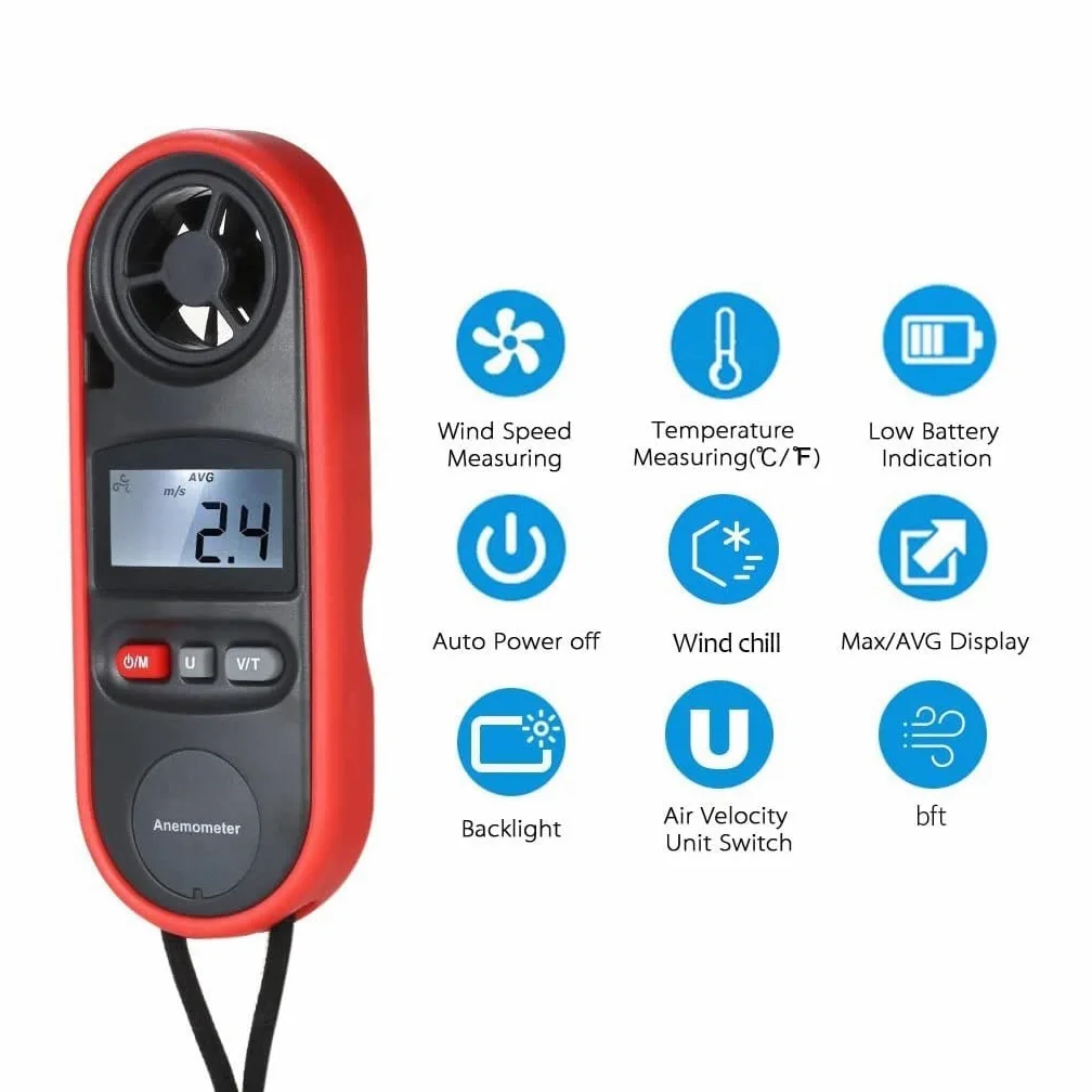 Anemómetro Digital de Mano con Interfaz USB, medidor portátil de Temperatura, Humedad, Velocidad del Viento con retroiluminación LCD y caudalímetro.