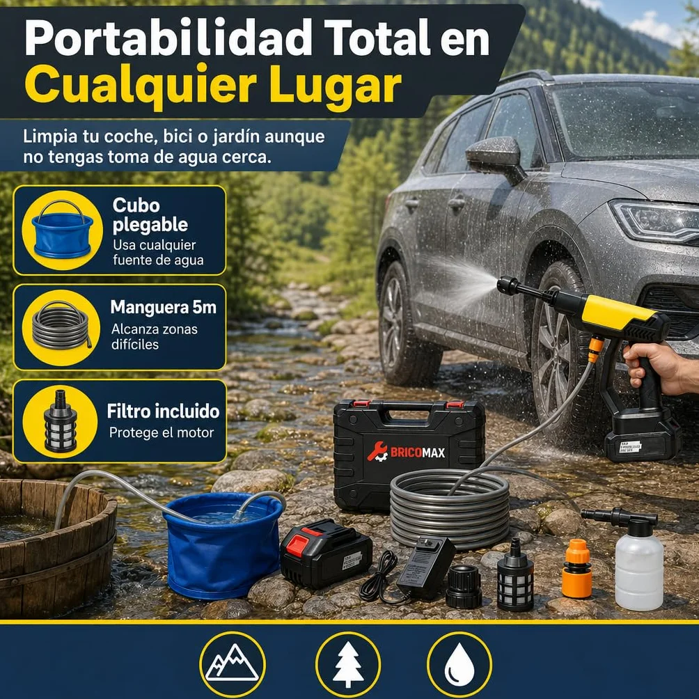 Hidrolimpiadora Batería Premium para Limpieza Alta PRESIÓN sin Cables 48V y Esponja - Pistola de Agua a Presión con Cubo Portátil - Hidrolavadora Portátil para el Coche, Jardín y Exteriores