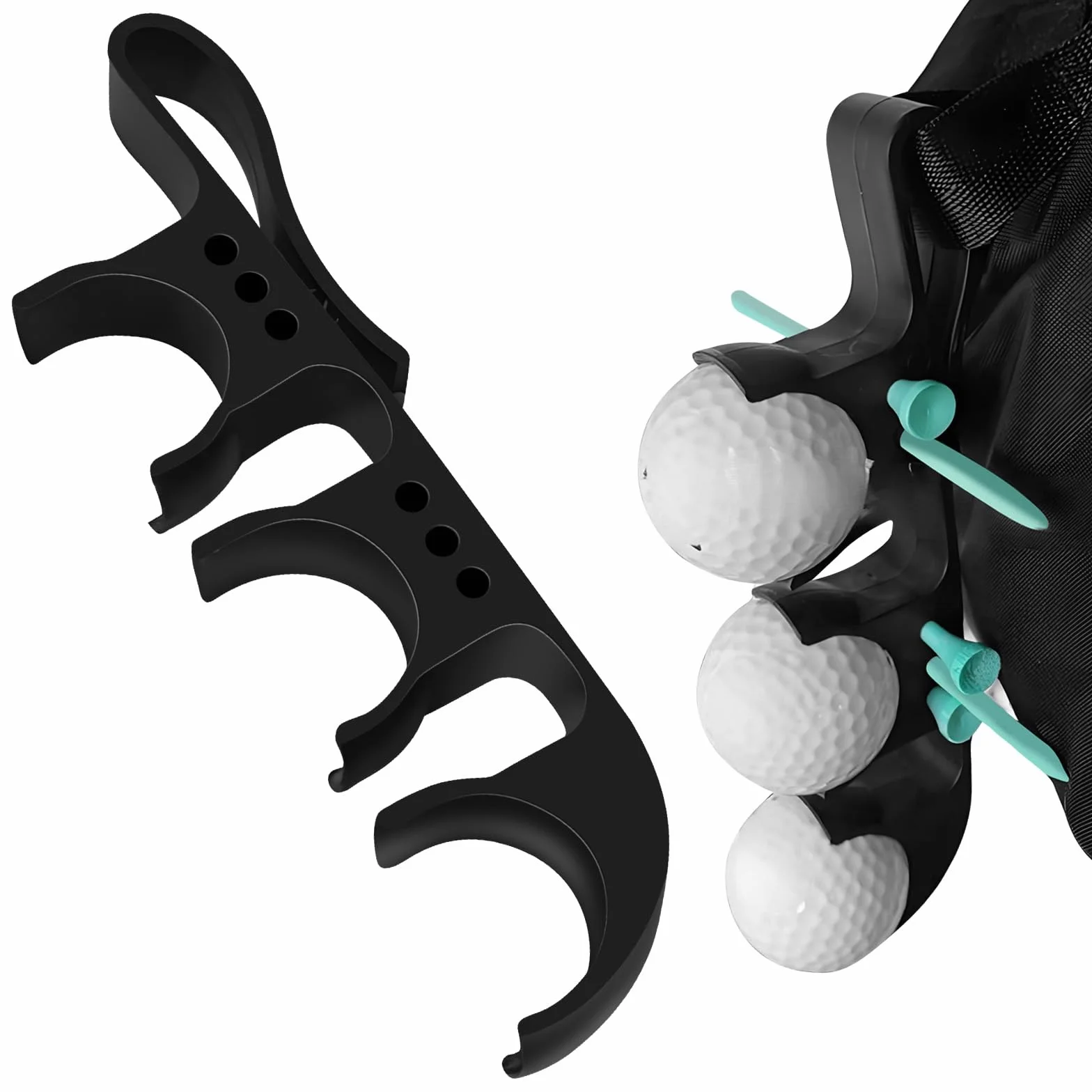 Soporte 2 en 1 para Pelotas de Golf, liberación rápida, Gancho, Negro, Capacidad 3 Pelotas/6 Tees