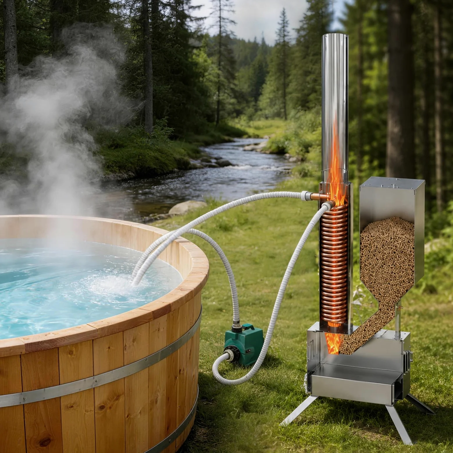 Eco POOLTECH Calentador de Pellets de Madera de 5 kW para SPA con Intercambiador de Titanio | Calefactor de Pellets para Spas Exteriores y Bañeras Nórdicas, Depósito de 16 L y hasta 7 h de Combustión